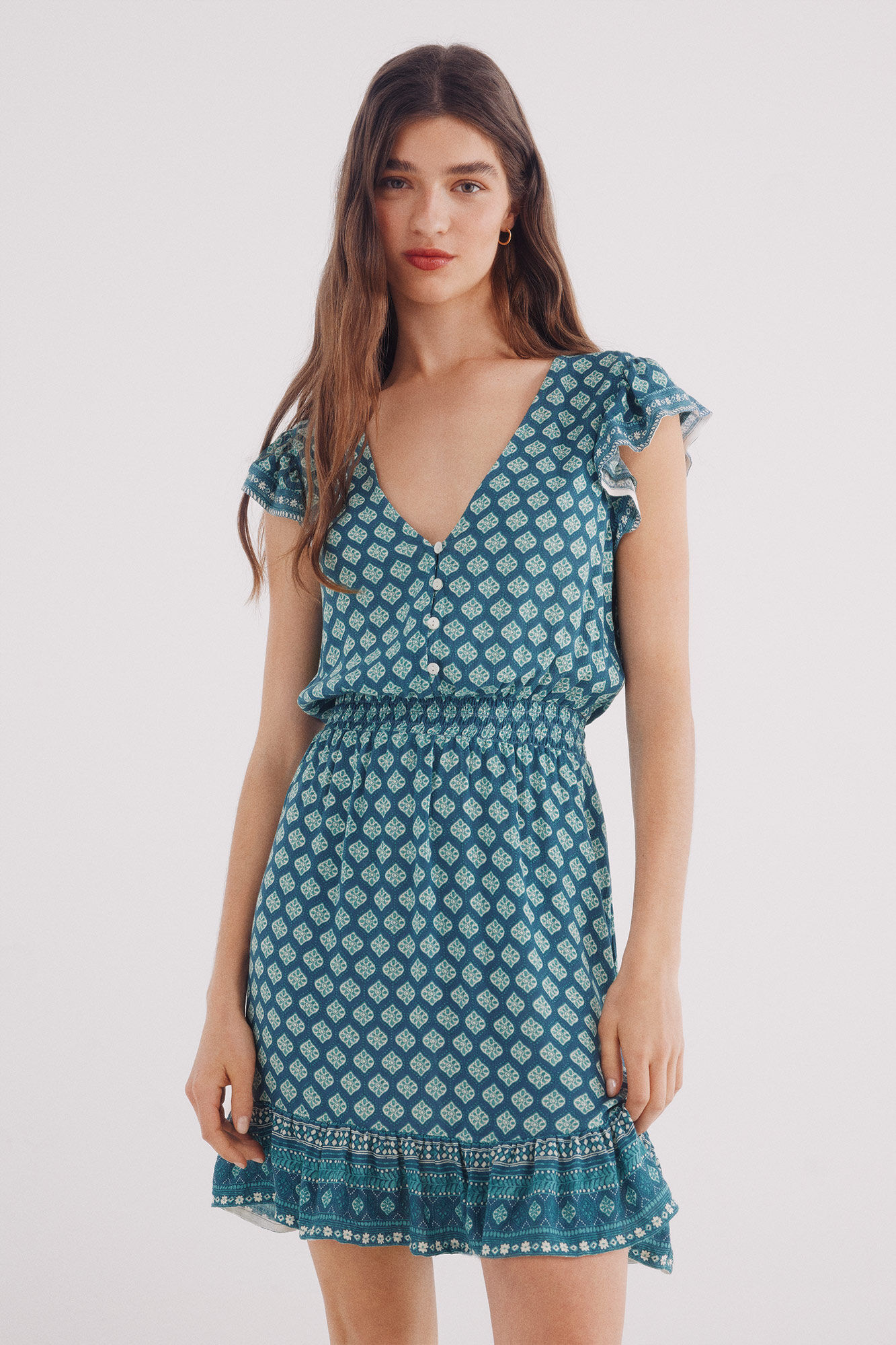 Springfield Vestido corto con cintura el&aacute;stica y estampado. turquesa