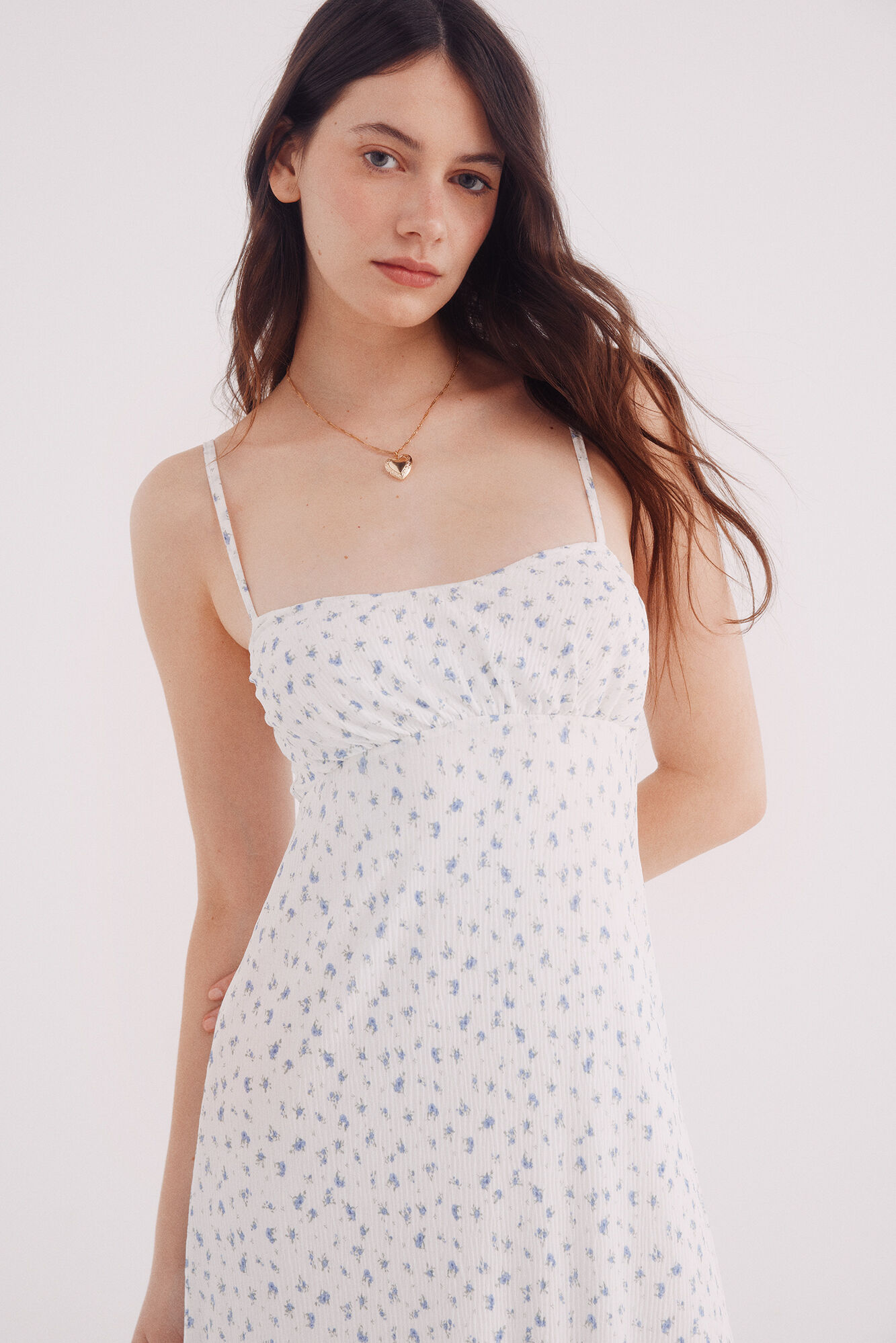 Springfield Vestido midi escote frunces estampado blanco