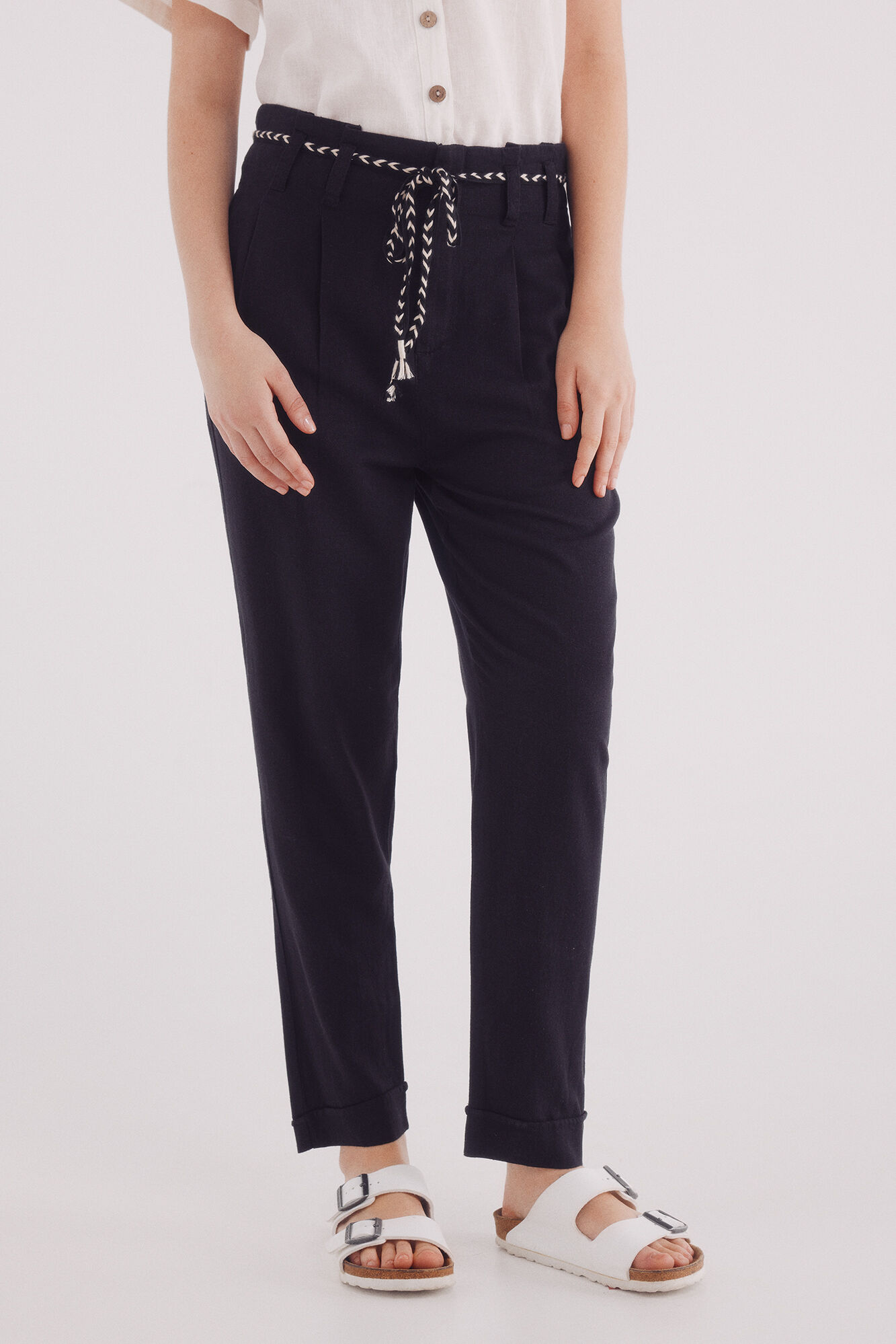 Springfield Pantal&oacute;n pinzas cintur&oacute;n lino negro