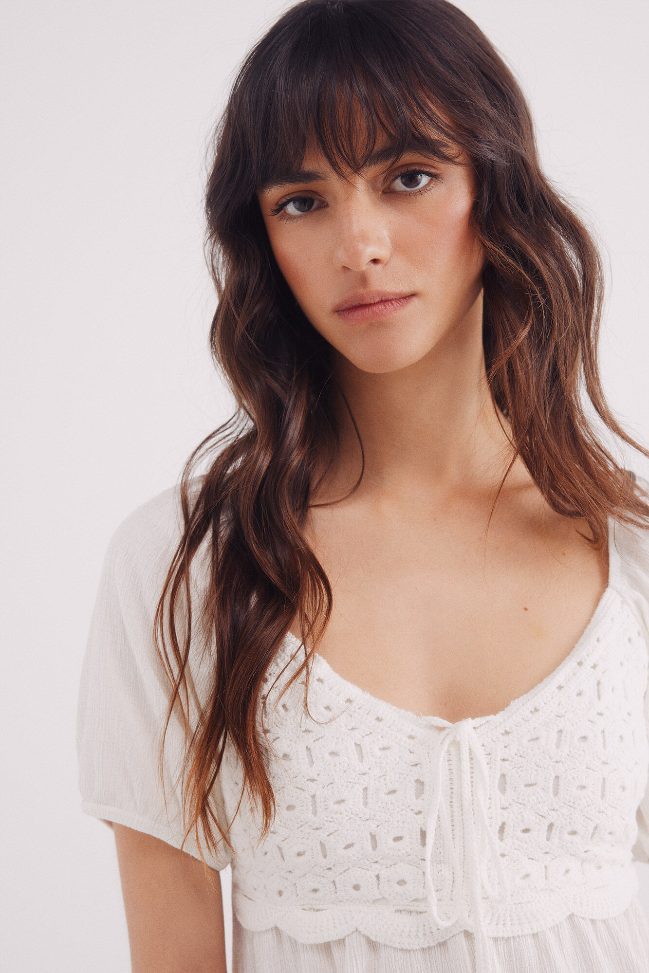 Springfield Vestido corto combinado crochet blanco