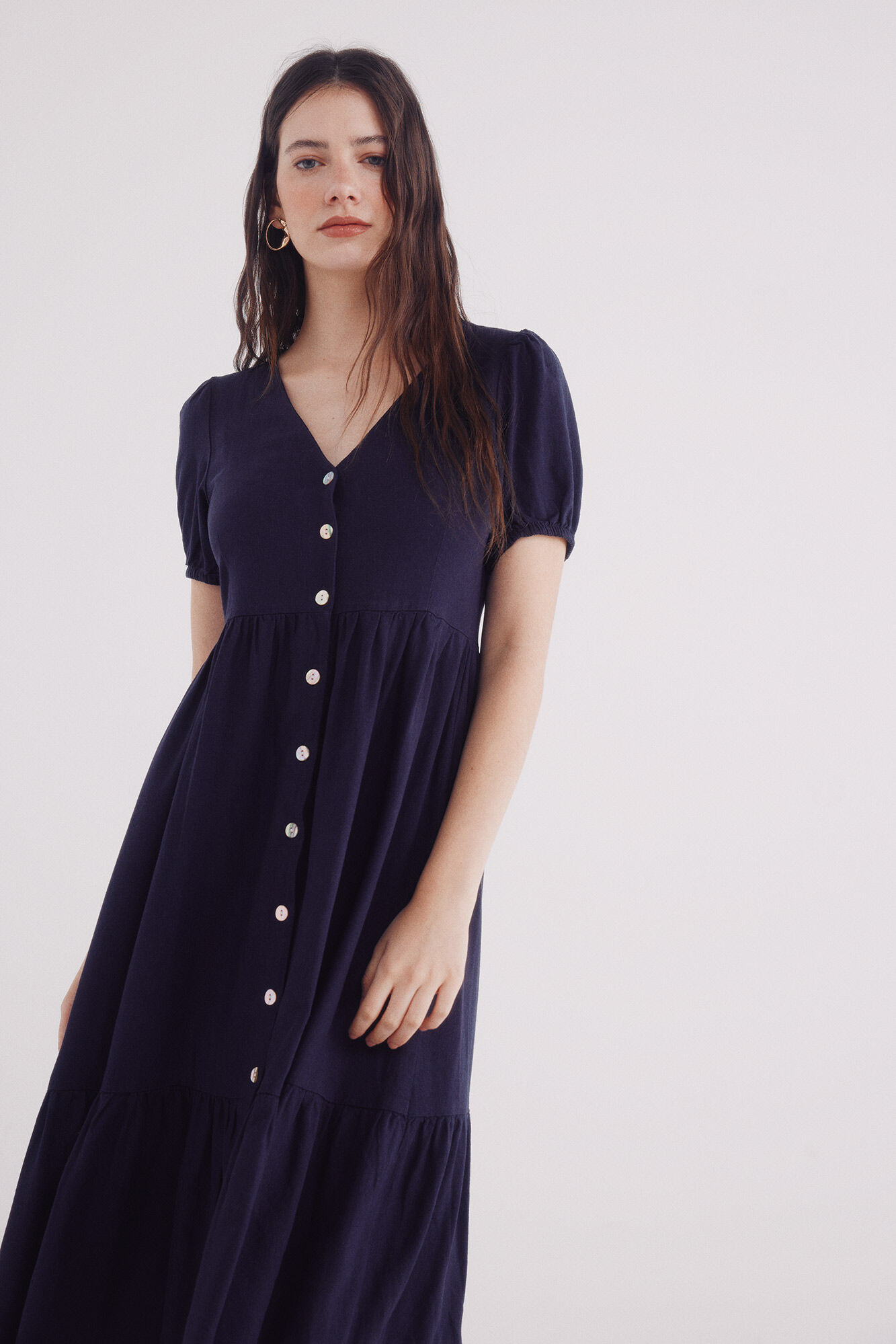Springfield Vestido midi camisero lino azulado