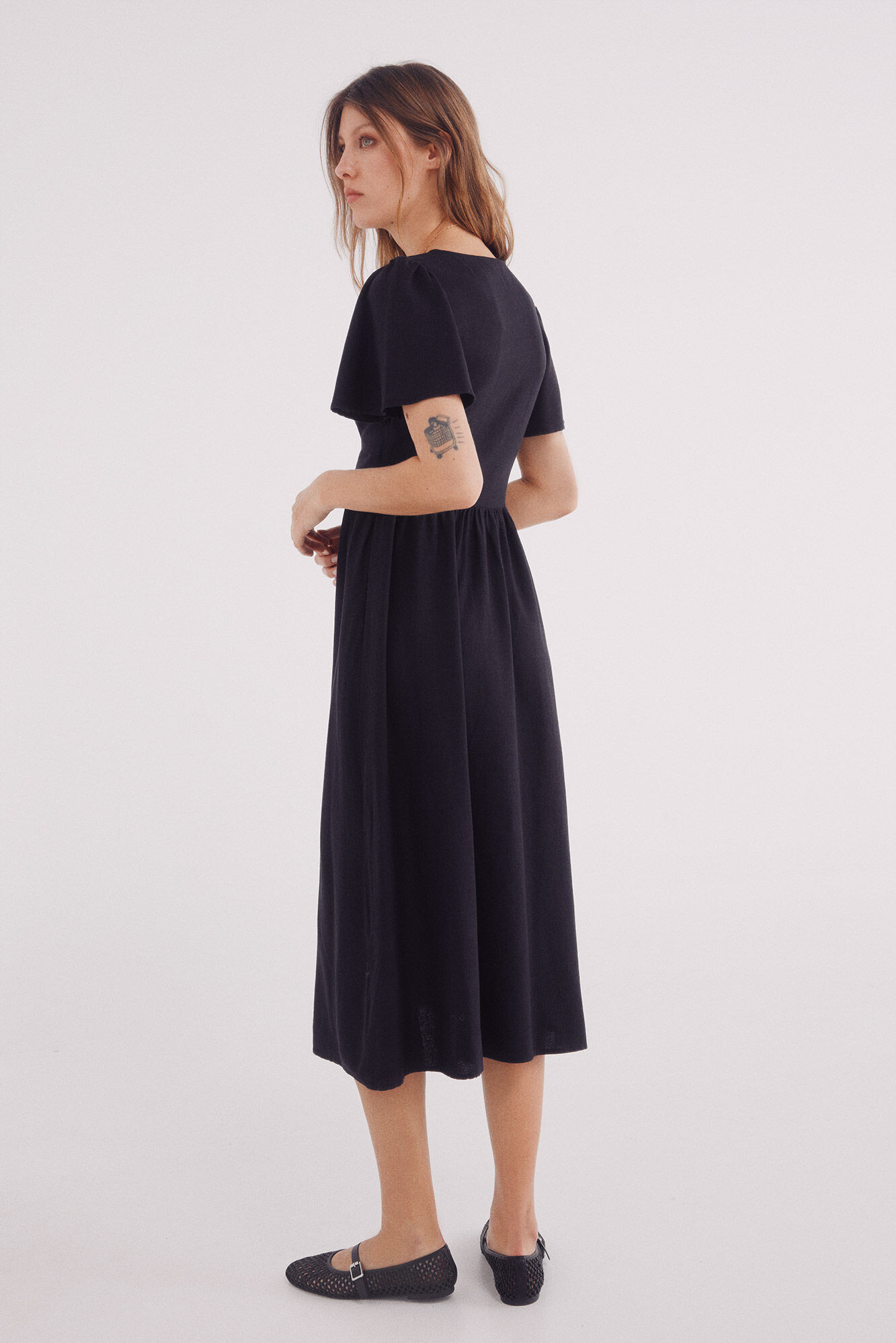 Springfield Vestido midi escote nudo lino negro