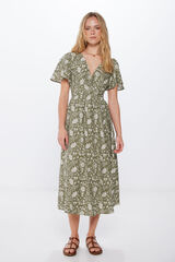 Springfield Vestido midi lino nudo escote kaki