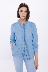 Springfield Blusa denim volantes azul tinta