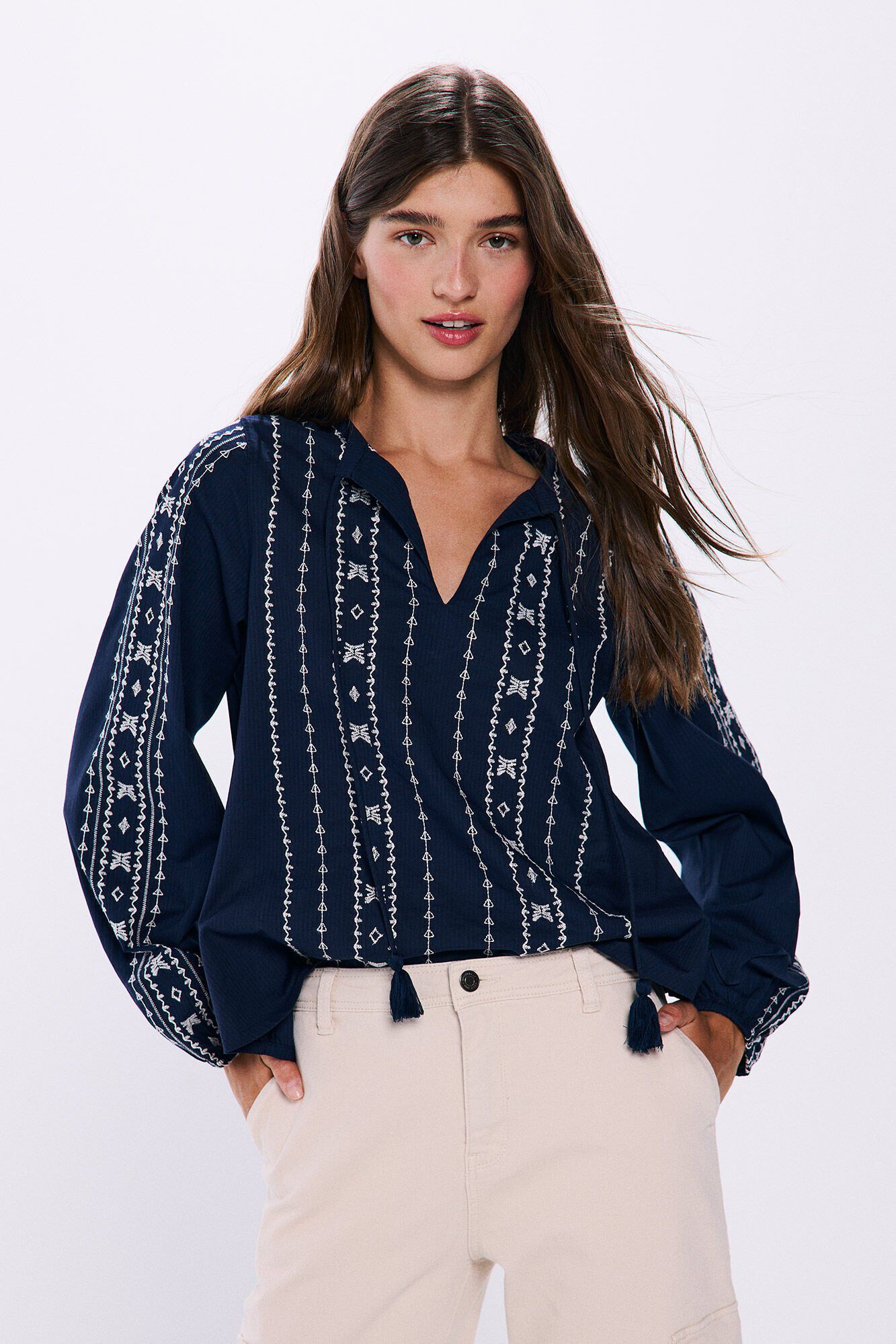 Springfield Blusa cenefas bordadas boho azulado
