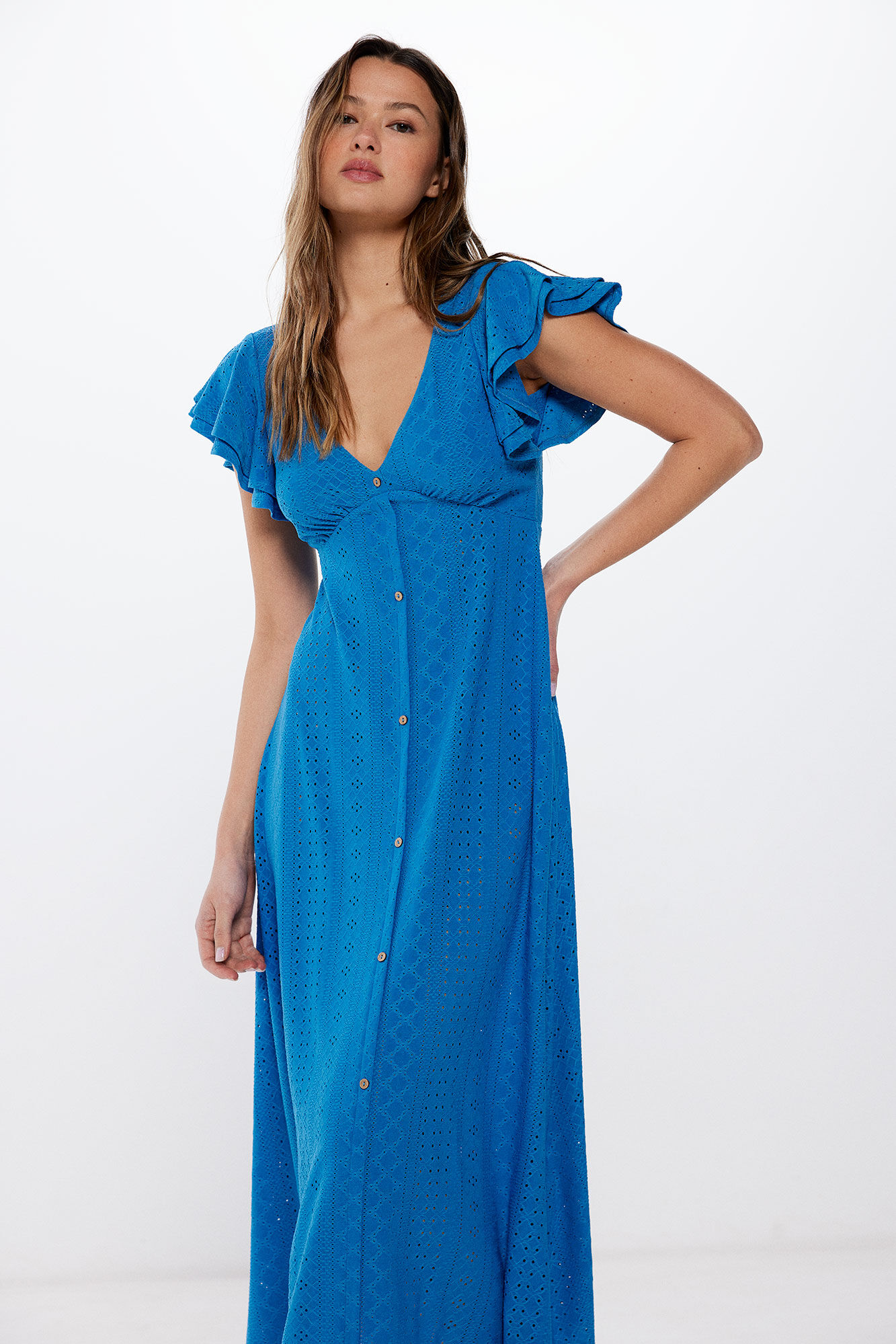 Springfield Vestido Midi Bordado Suizo Botones