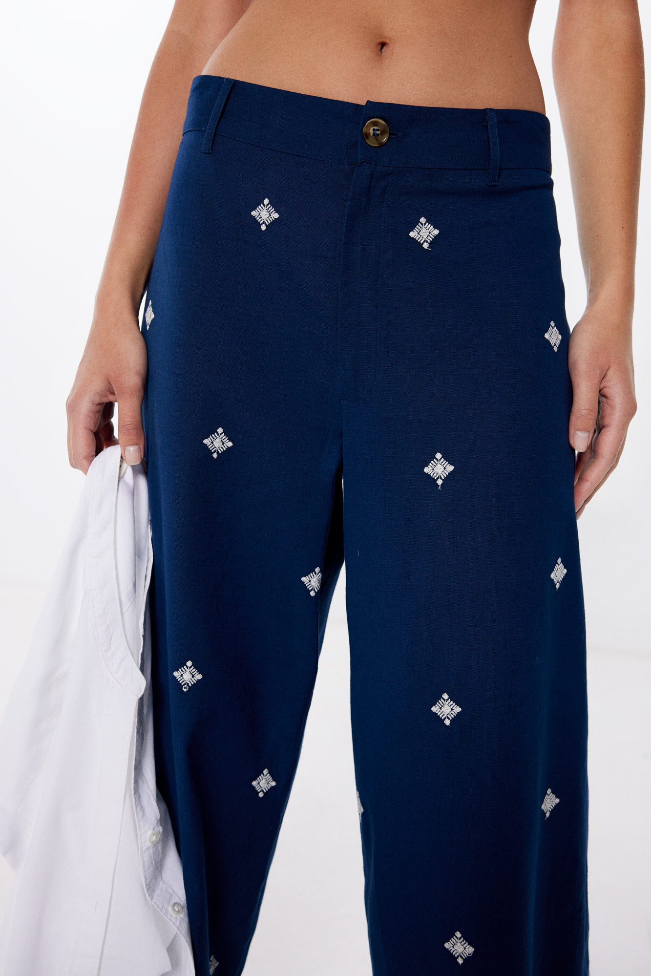 Springfield Pantalones bordados algod&oacute;n lino marino