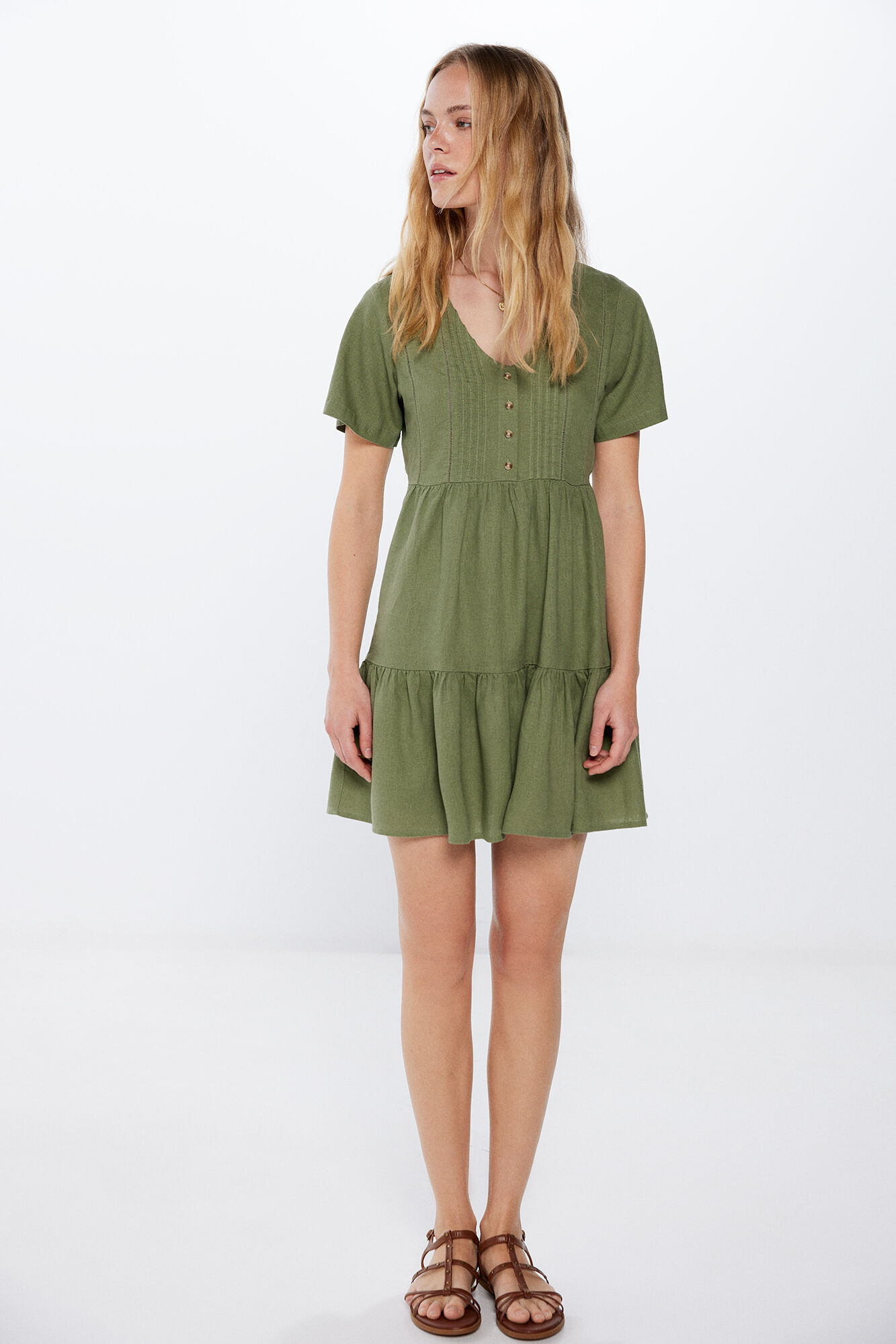 Springfield Vestido corto lino pintucks