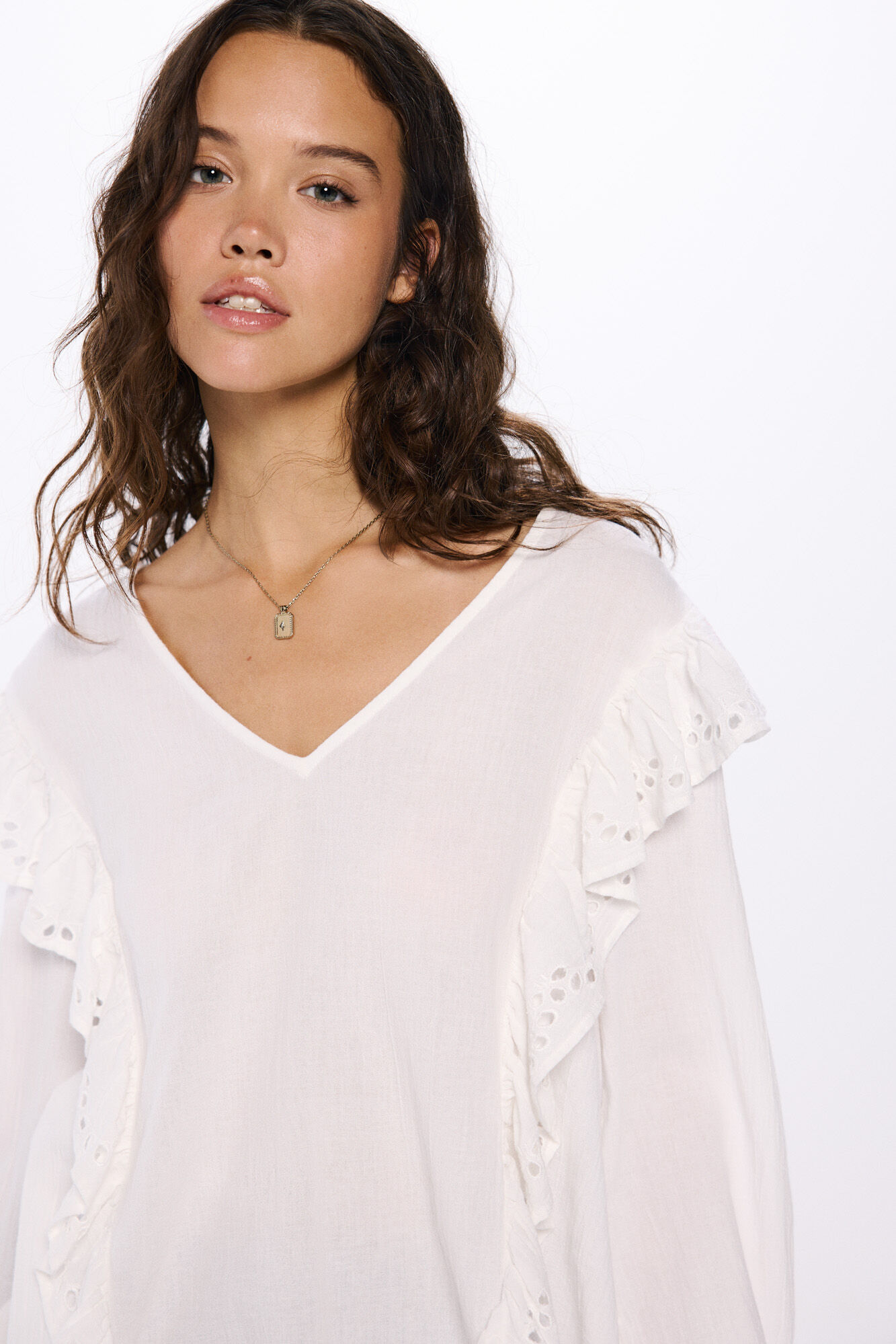 Springfield Blusa volantes schiffly blanco