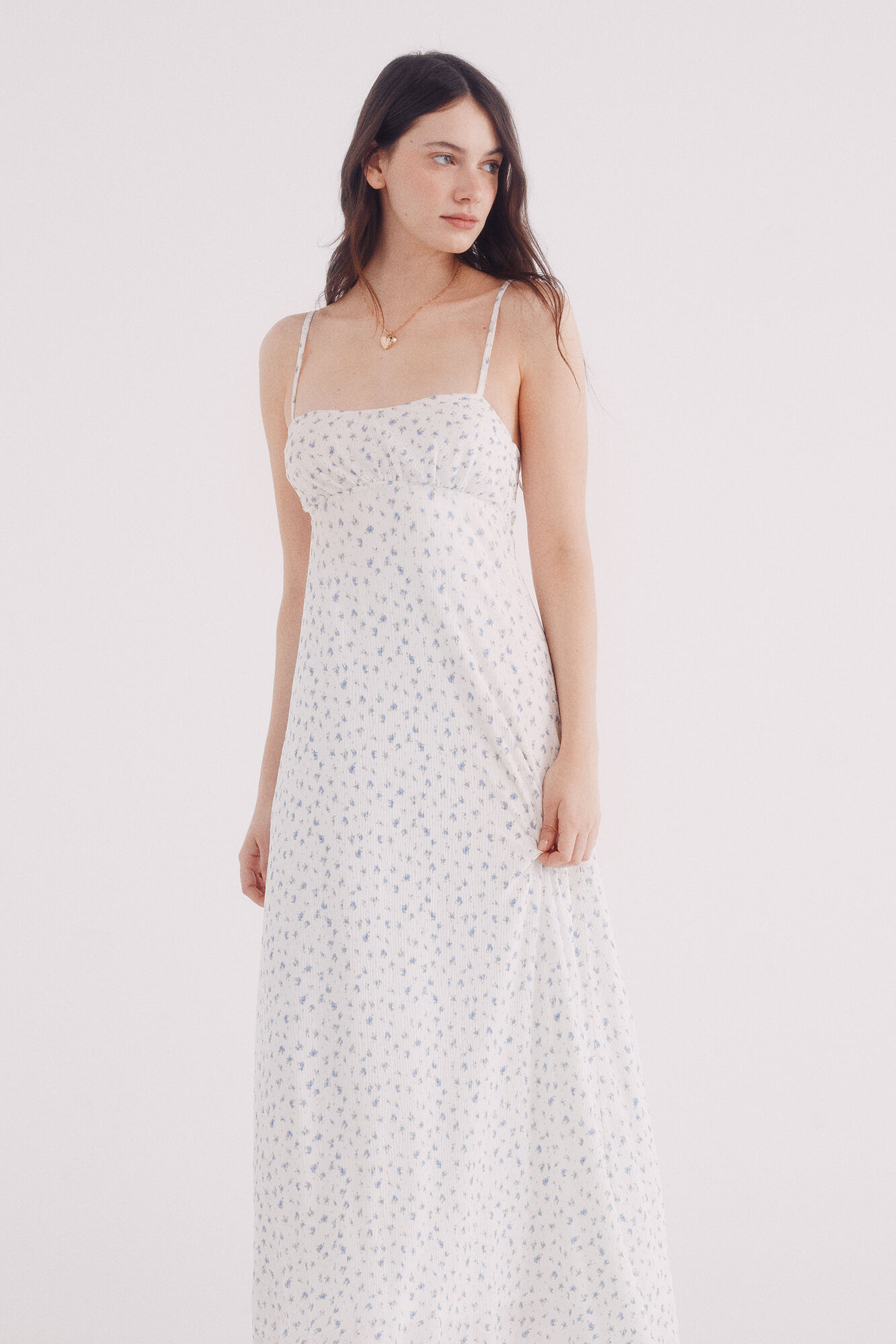 Springfield Vestido midi escote frunces estampado blanco