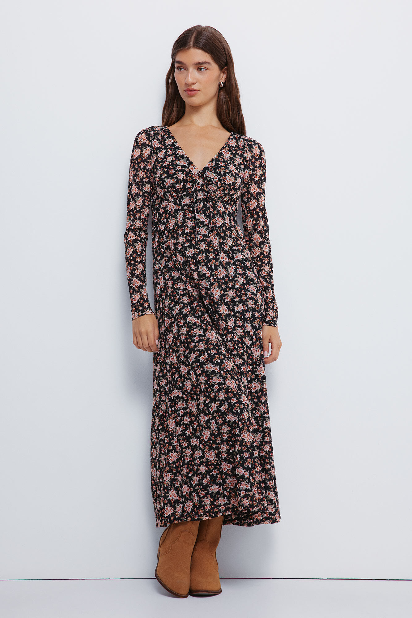 Springfield Vestido midi floral con escote o lazo en el escote