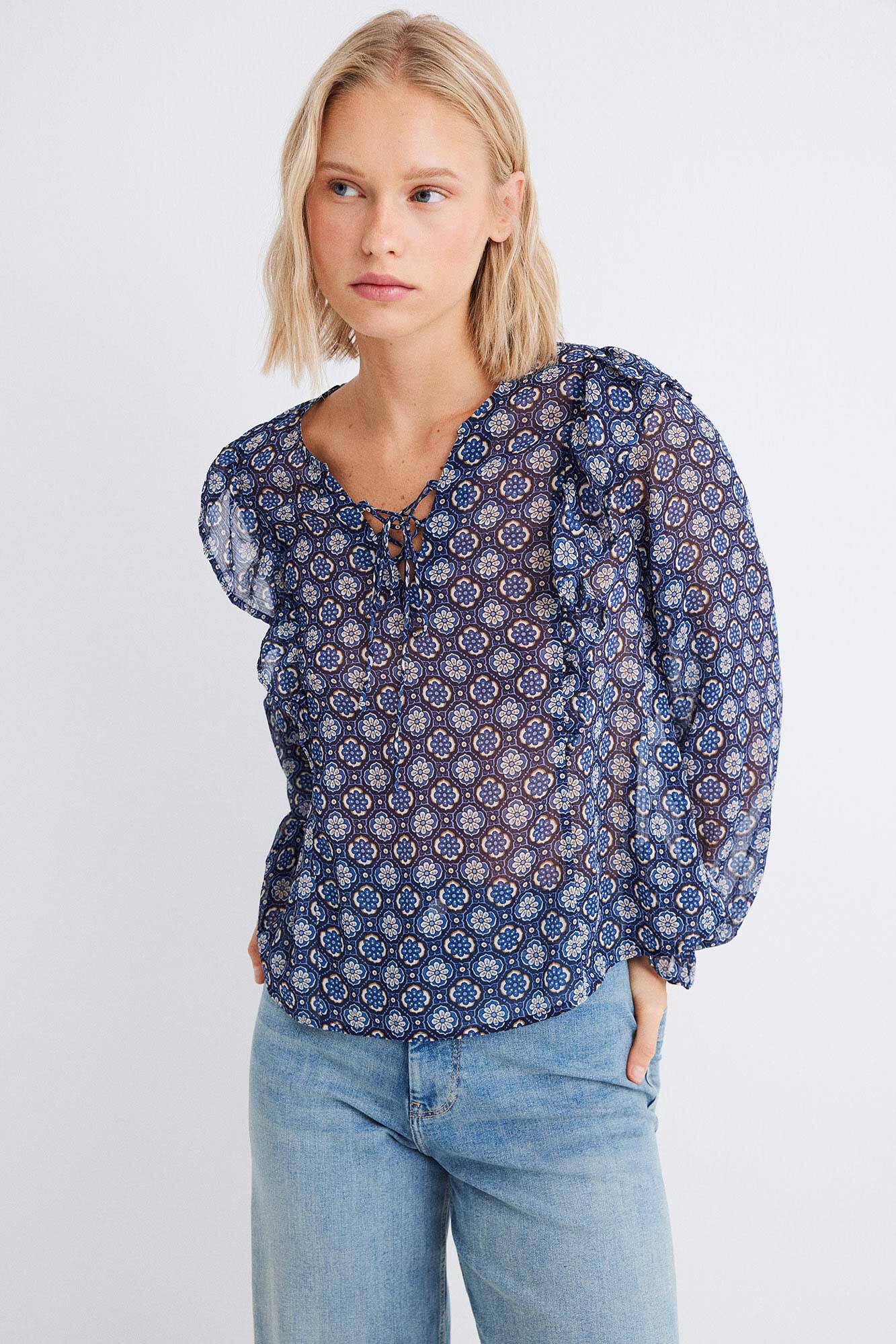Springfield Blusa gasa volantes estampada azul