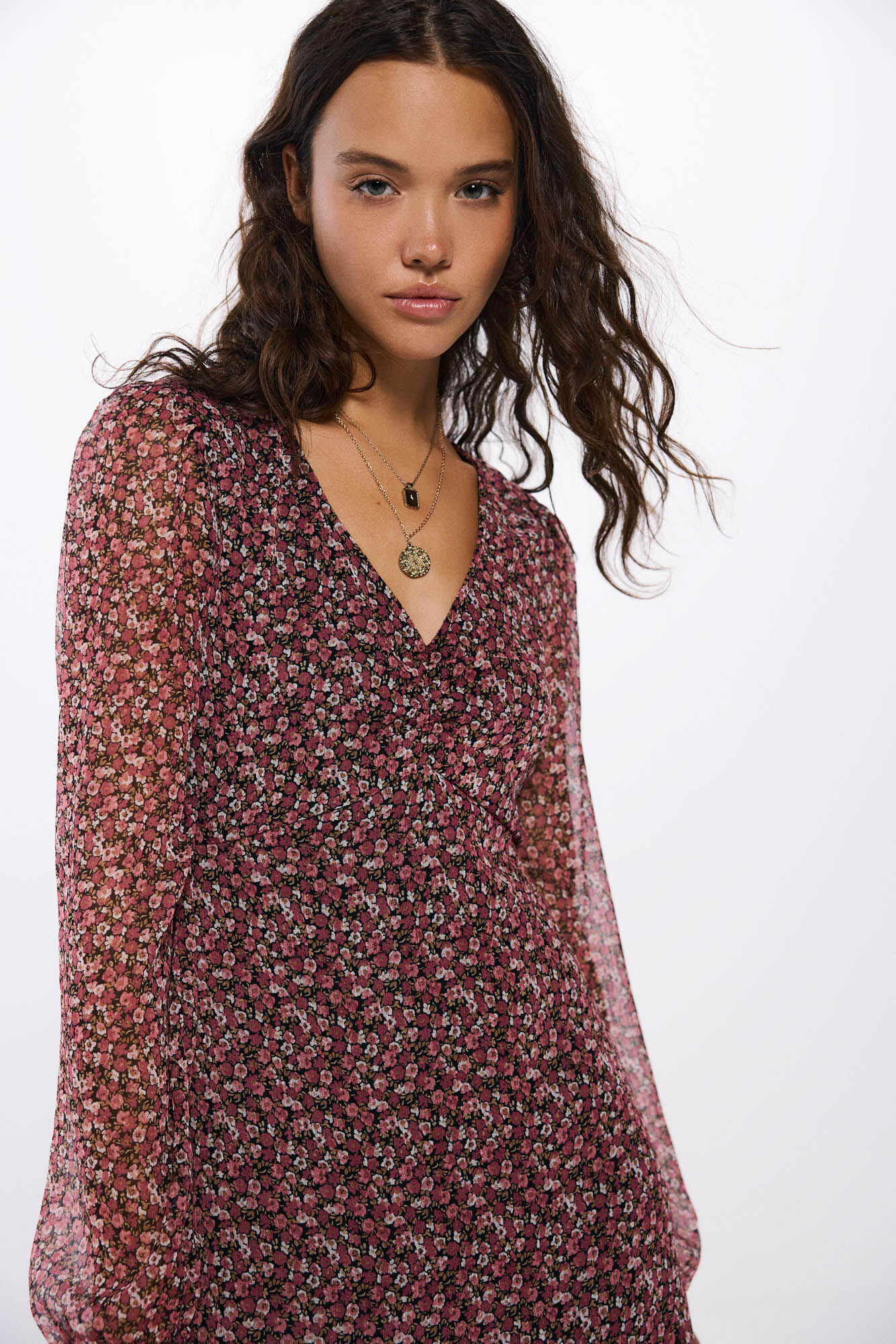 Springfield Vestido corto escote frunces estampado