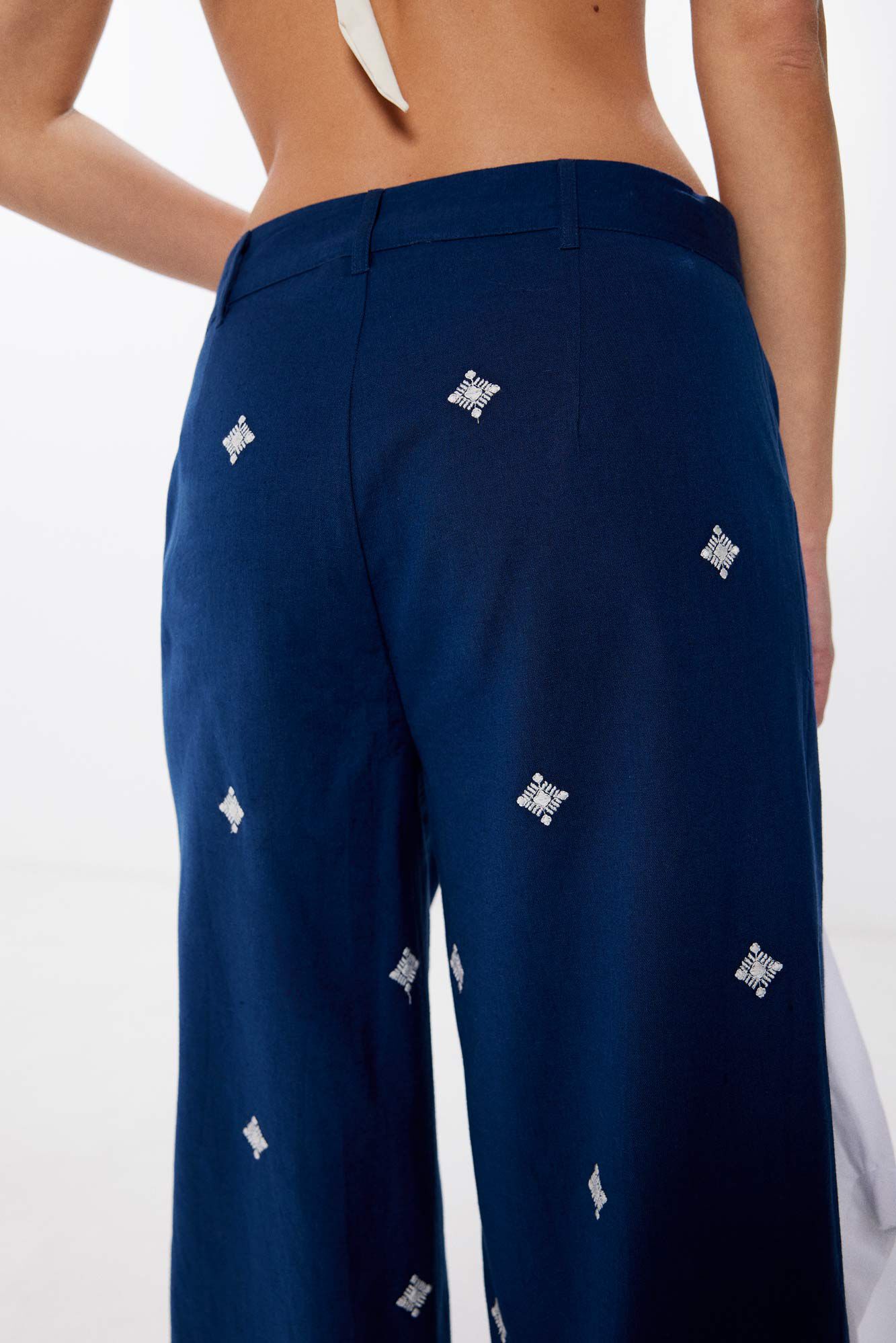 Springfield Pantalones bordados algod&oacute;n lino marino