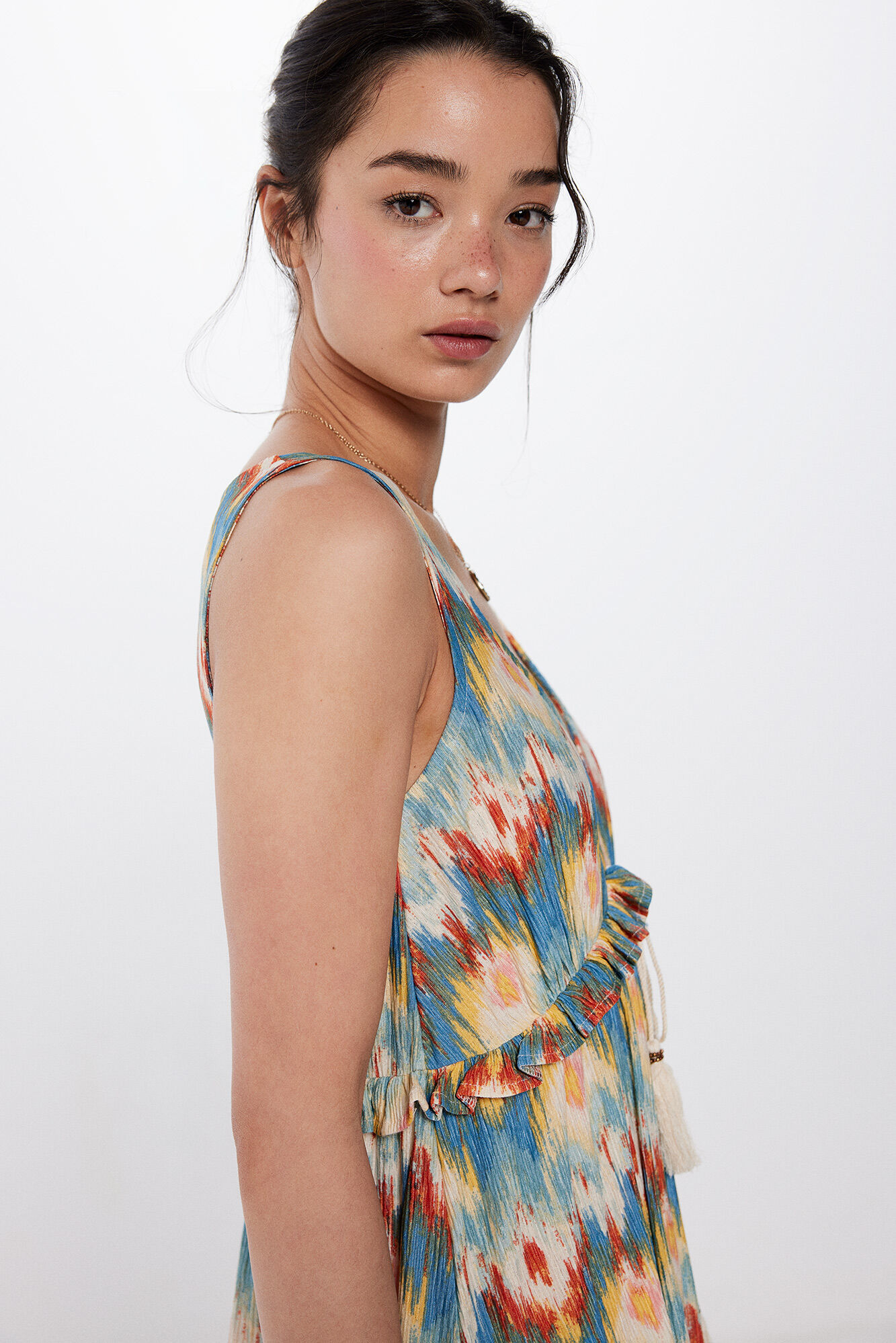 Springfield Vestido midi estampado lazo borlas beige