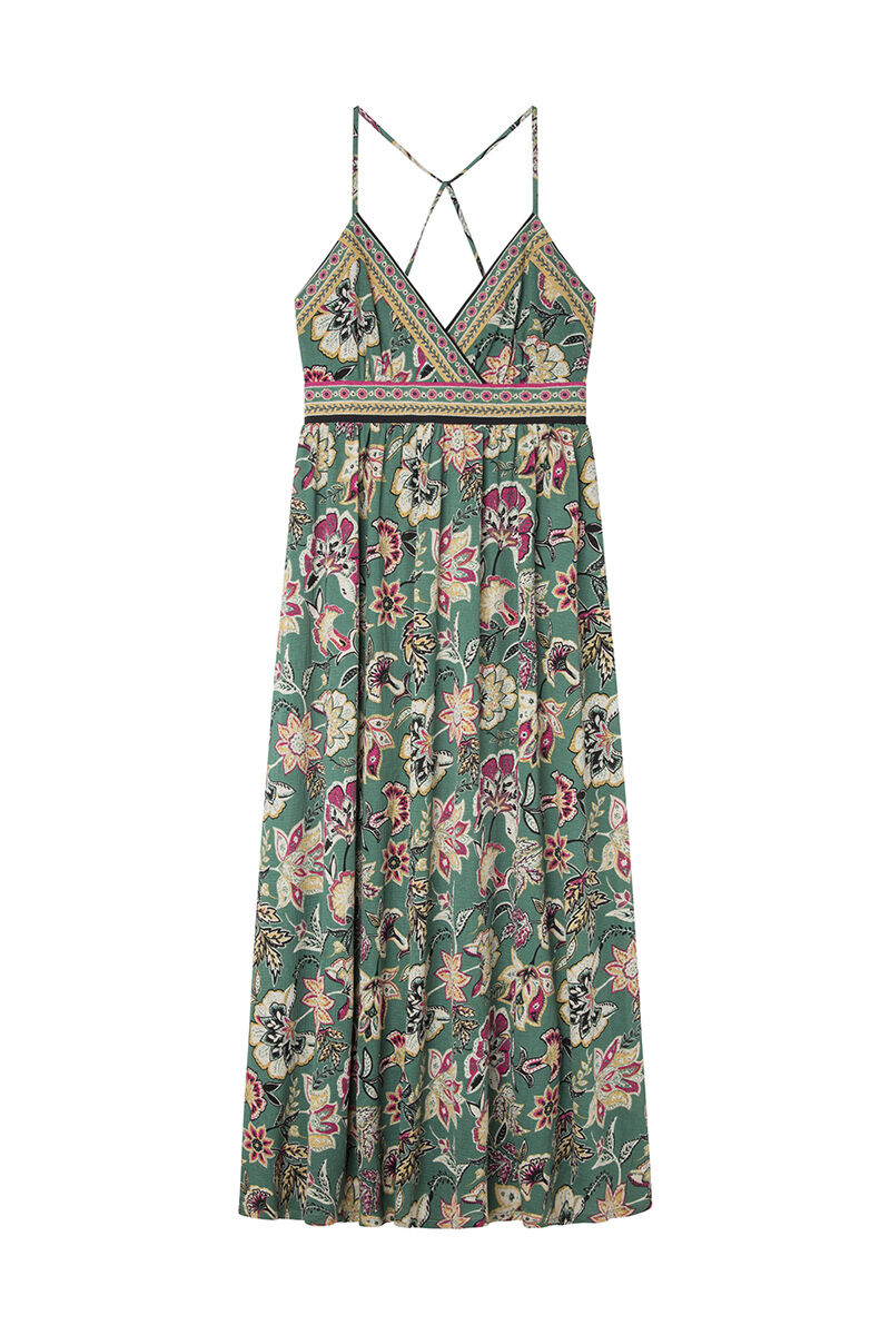 Springfield Vestido midi escote cenefas estampado khaki