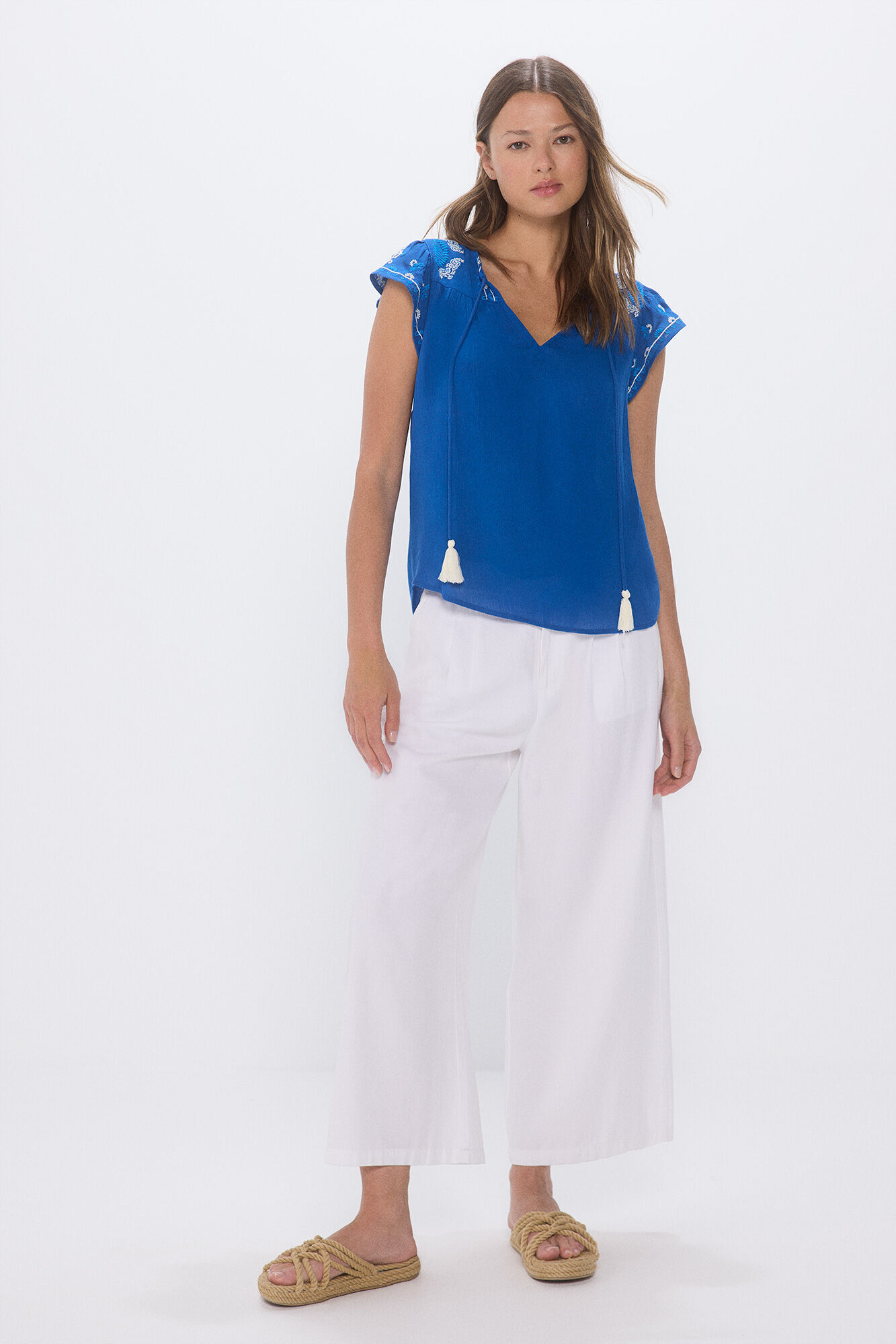 Springfield Blusa fluida bordados azul