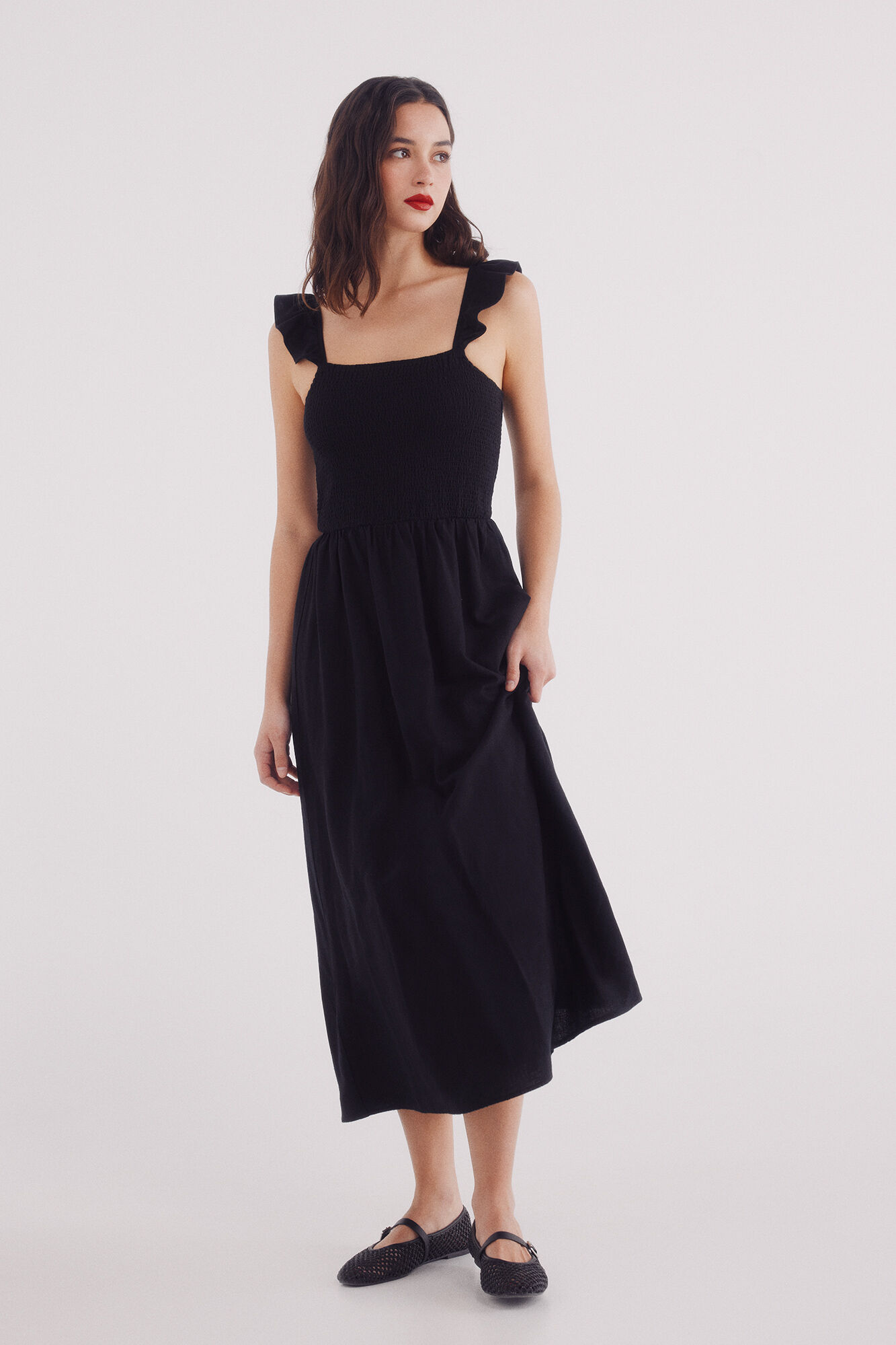 Springfield Vestido midi tirantes volante lino 