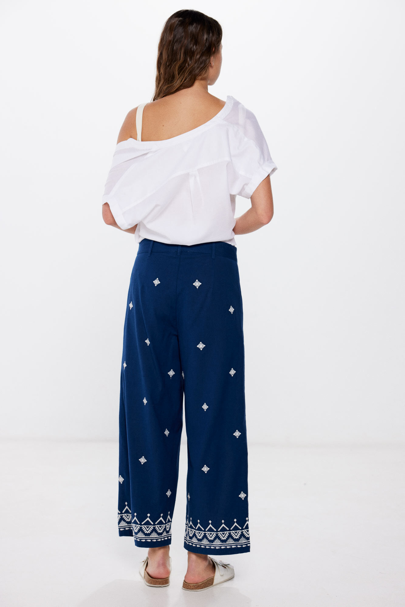 Springfield Pantalones bordados algod&oacute;n lino marino