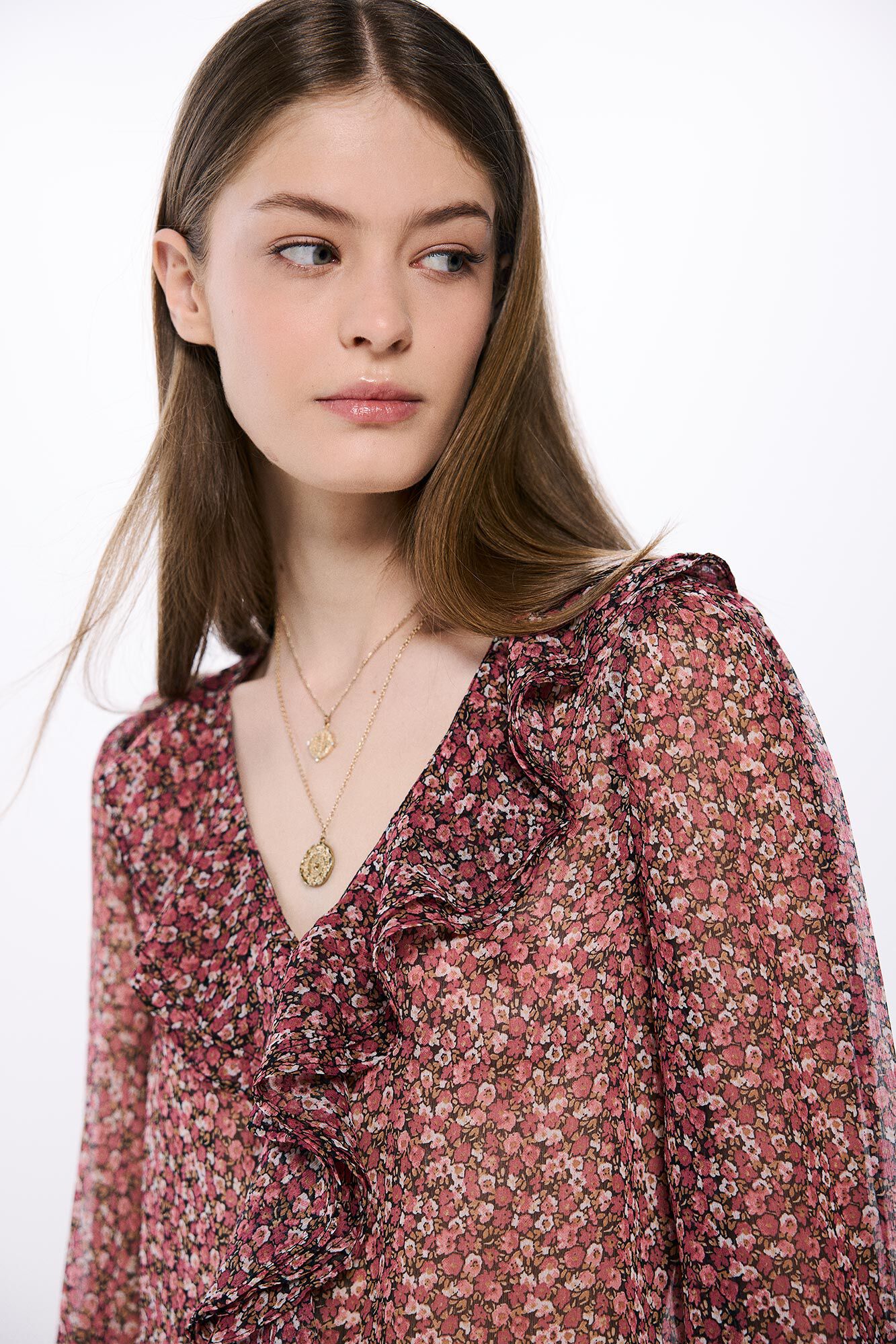 Springfield Blusa estampada volante delantero rosa