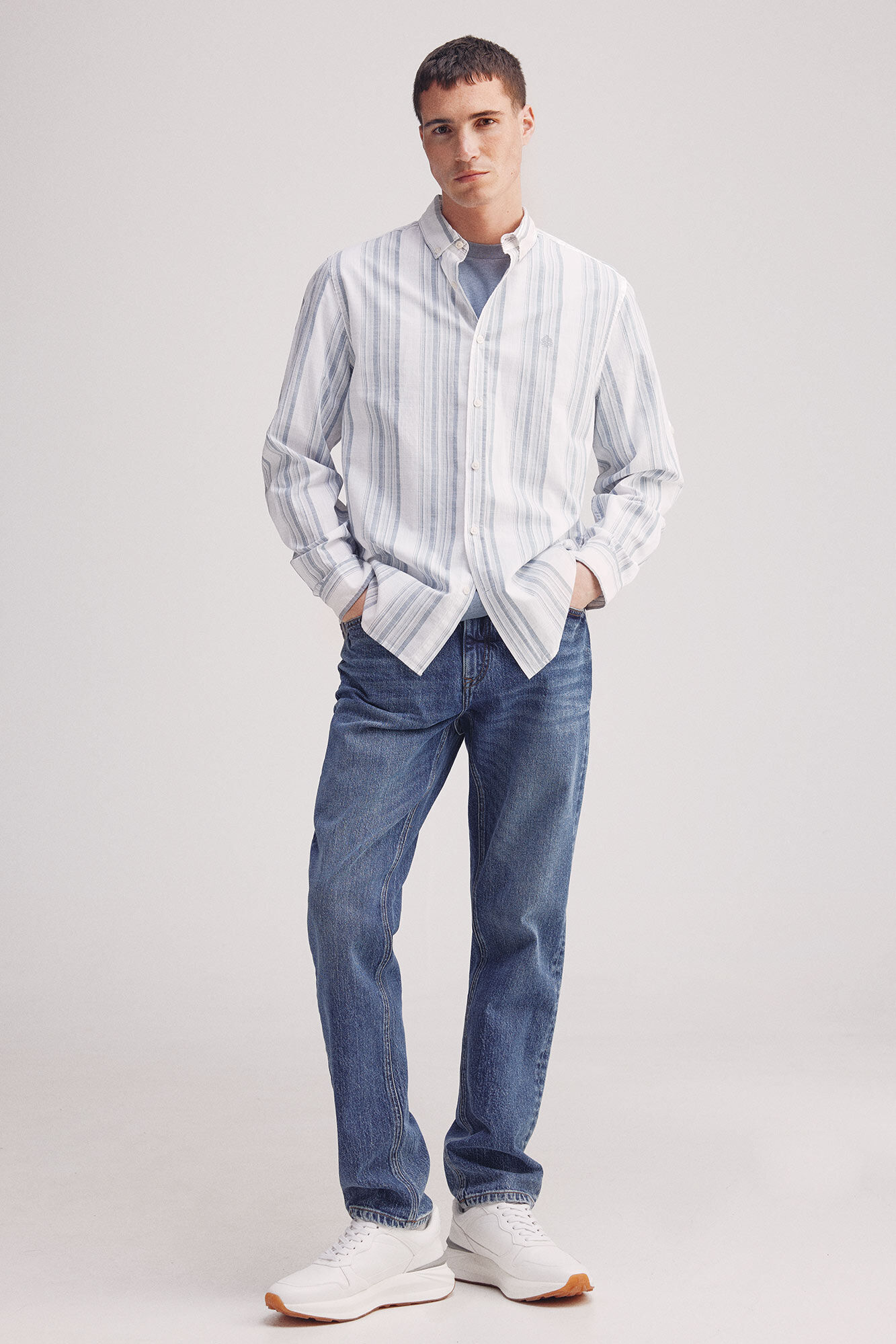Springfield Camisa rayas algod&oacute;n slub azul