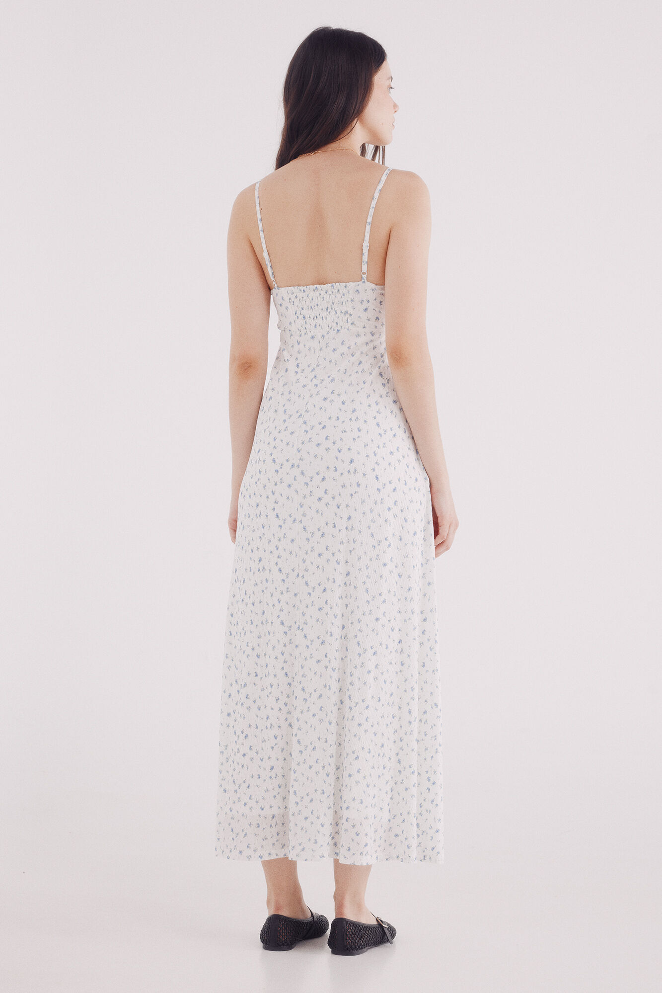 Springfield Vestido midi escote frunces estampado blanco
