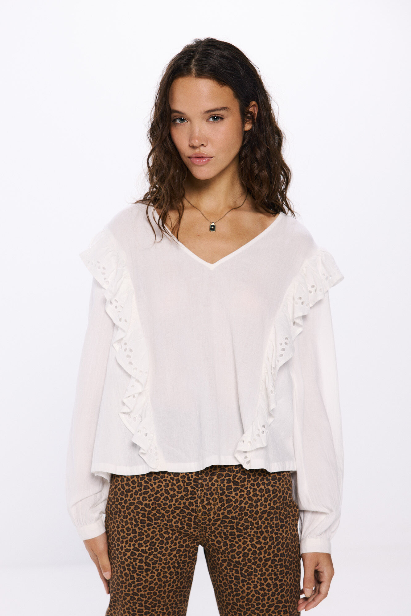 Springfield Blusa volantes schiffly blanco