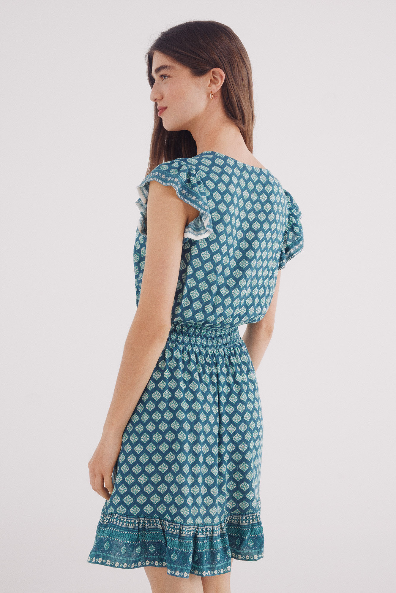 Springfield Vestido corto con cintura el&aacute;stica y estampado. turquesa