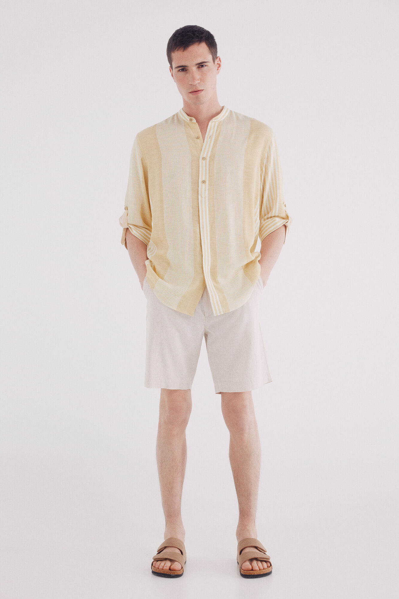 Springfield Camisa mao 3/4 lino viscosa rayas amarillo