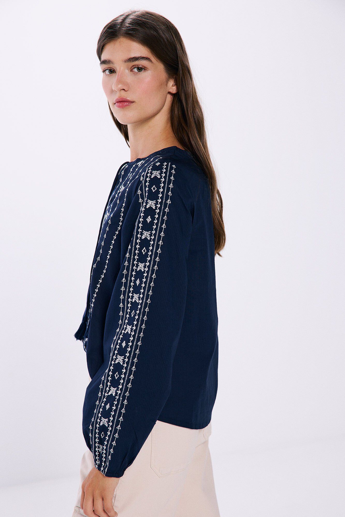 Springfield Blusa cenefas bordadas boho azulado