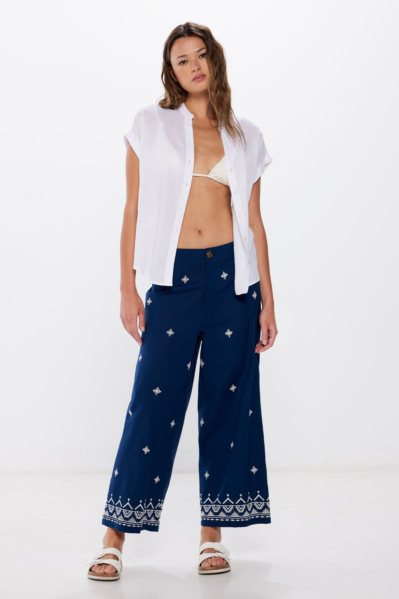 Springfield Pantalones bordados algod&oacute;n lino