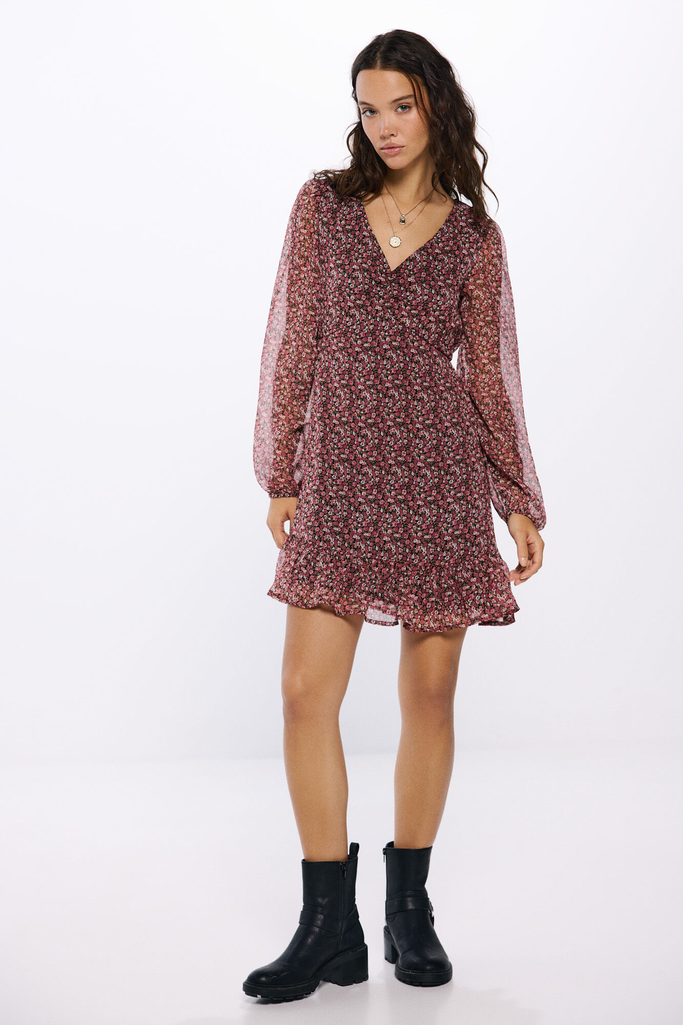 Springfield Vestido corto escote frunces estampado