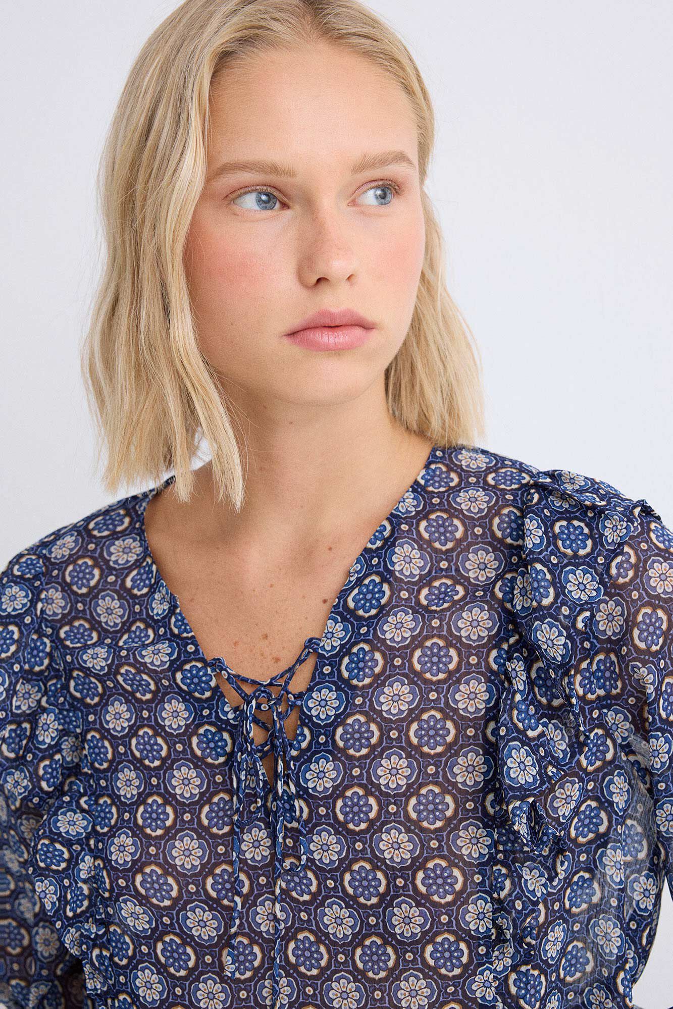 Springfield Blusa gasa volantes estampada azul