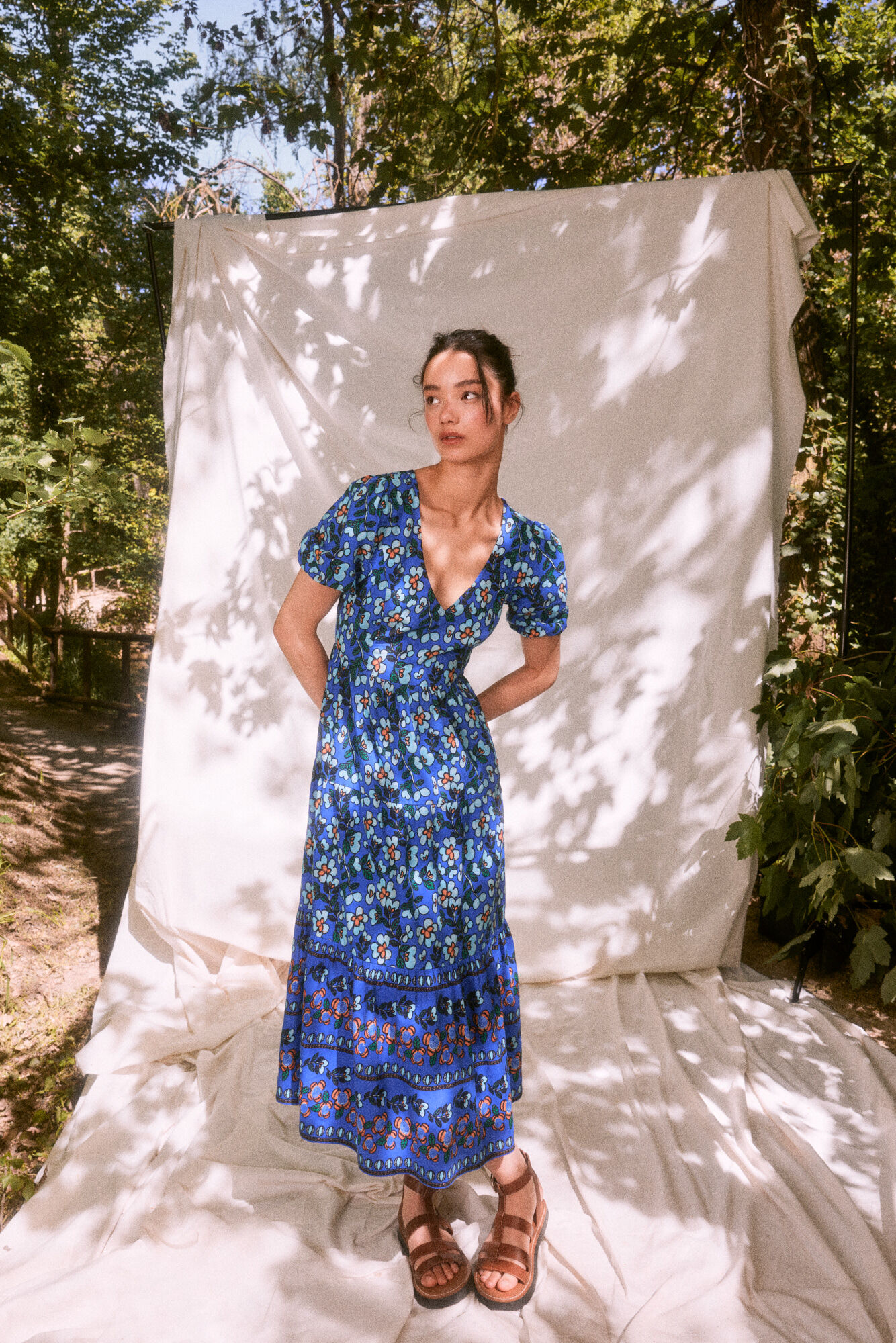 Springfield Vestido Midi Abertura Espalda Lino "Roots Studio" azul mezcla