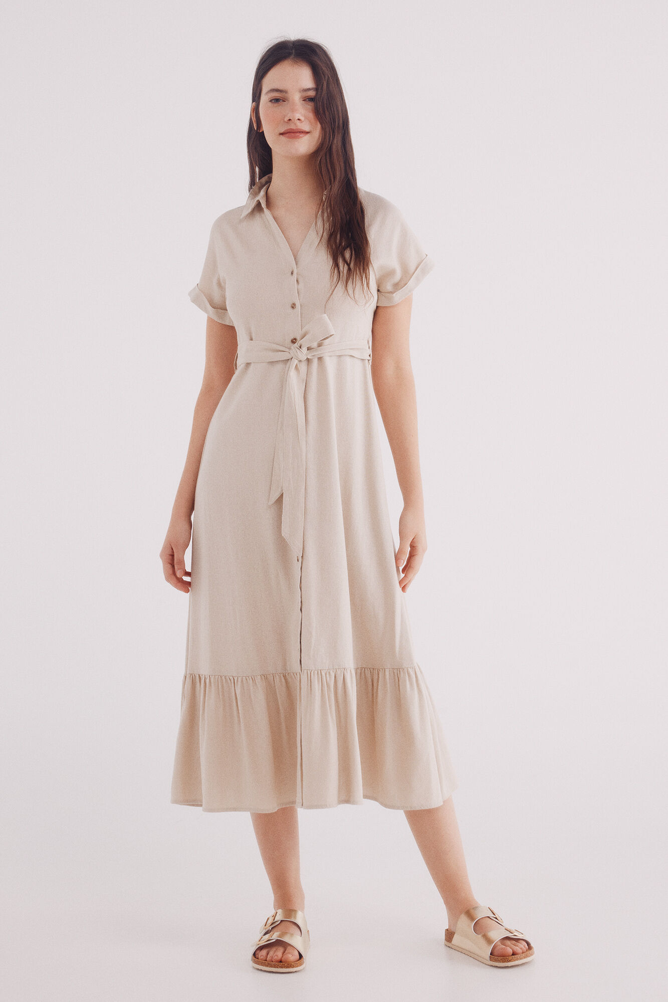 Springfield Vestido midi camisero cintur&oacute;n lino