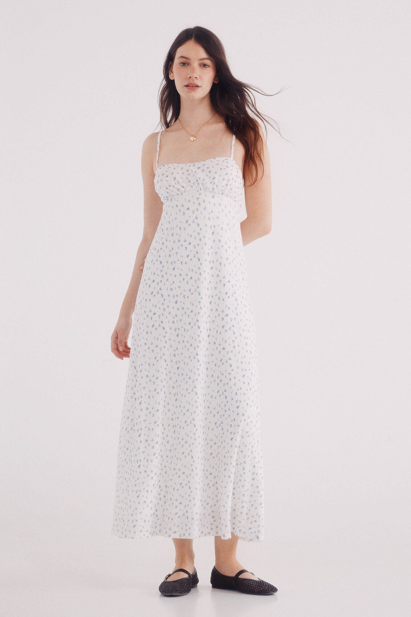 Springfield Vestido midi escote frunces estampado blanco