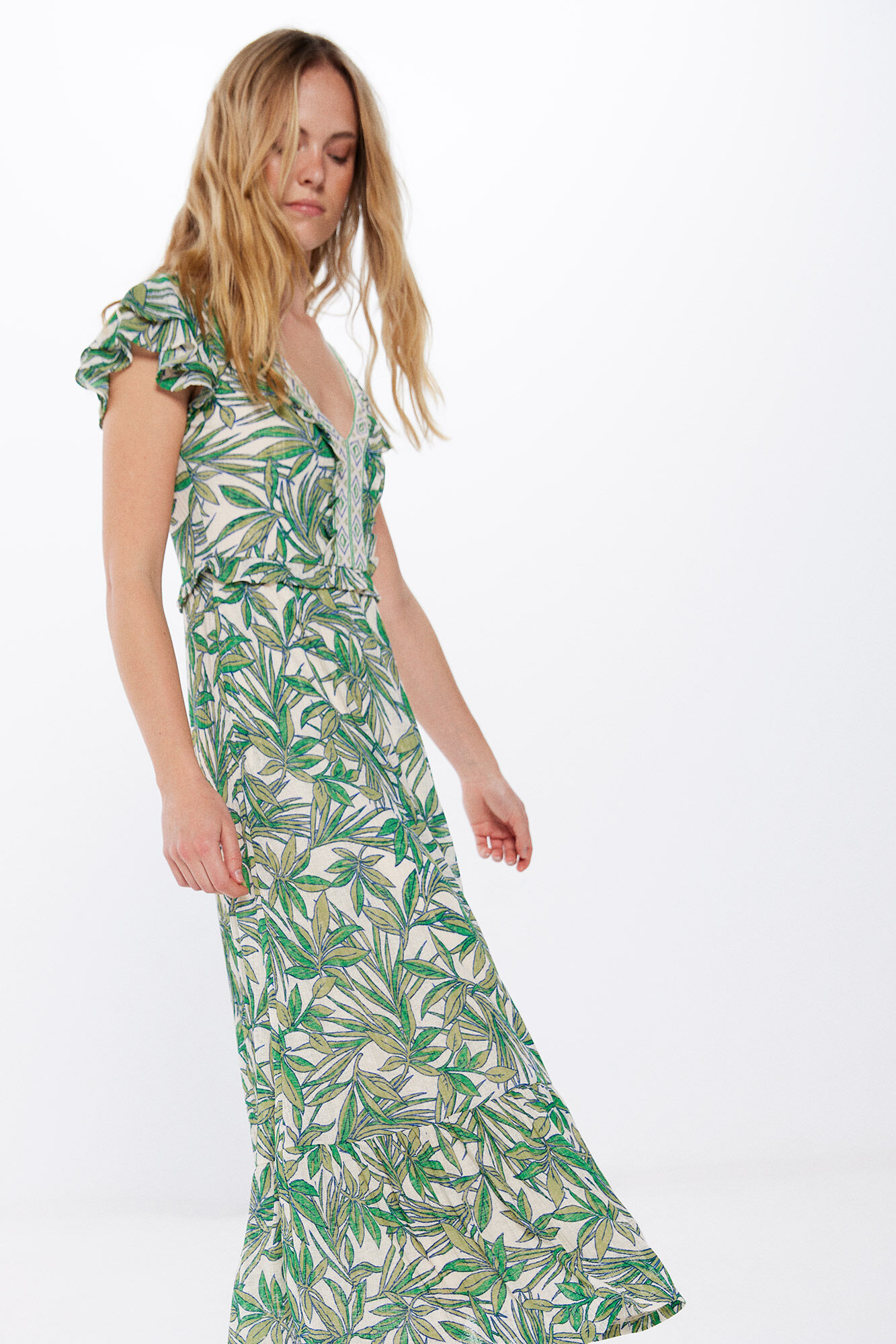 Springfield Vestido Midi Estampado Escote Cenefa beige