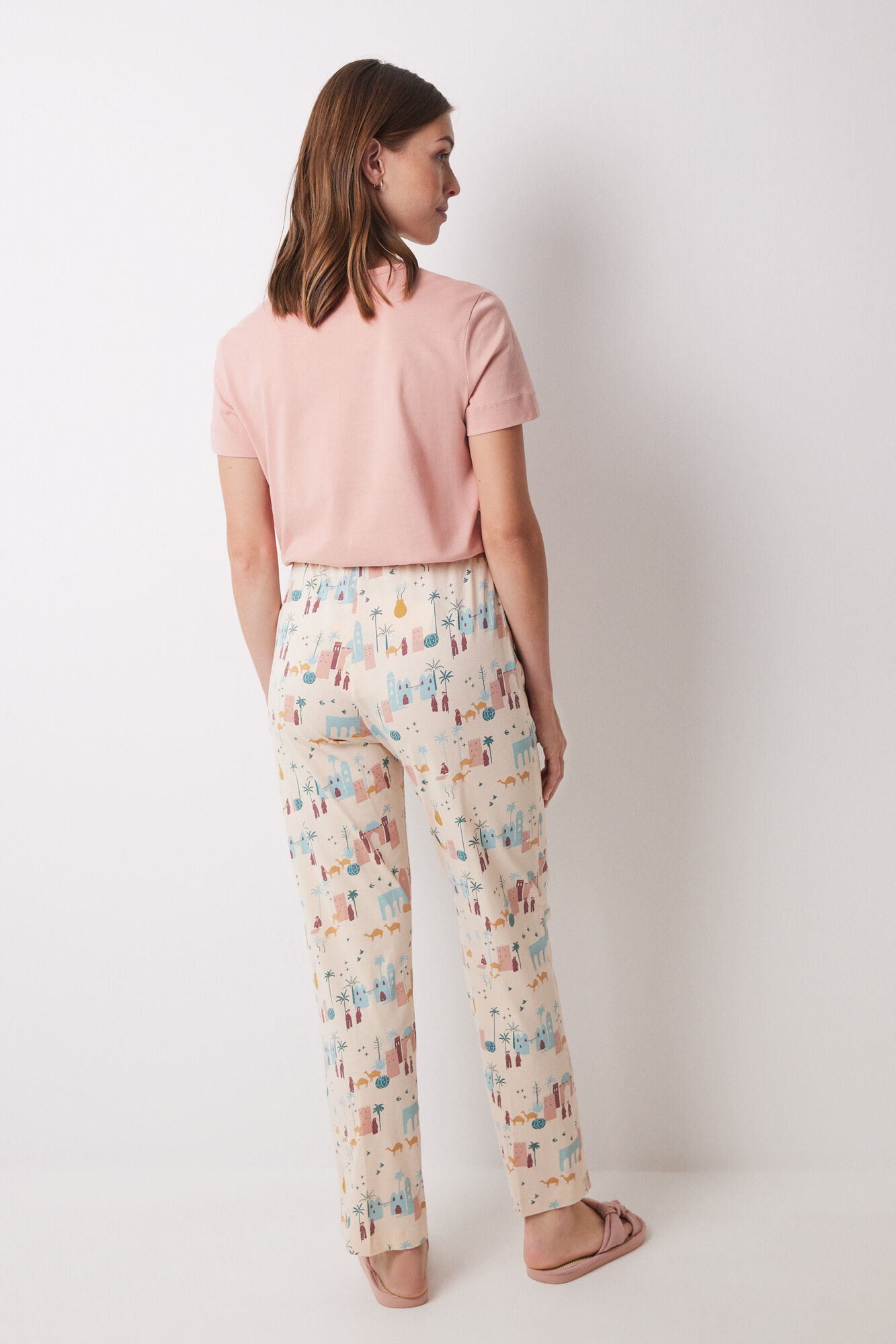 Women'secret Pantal&oacute;n largo 100% algod&oacute;n marfil estampado