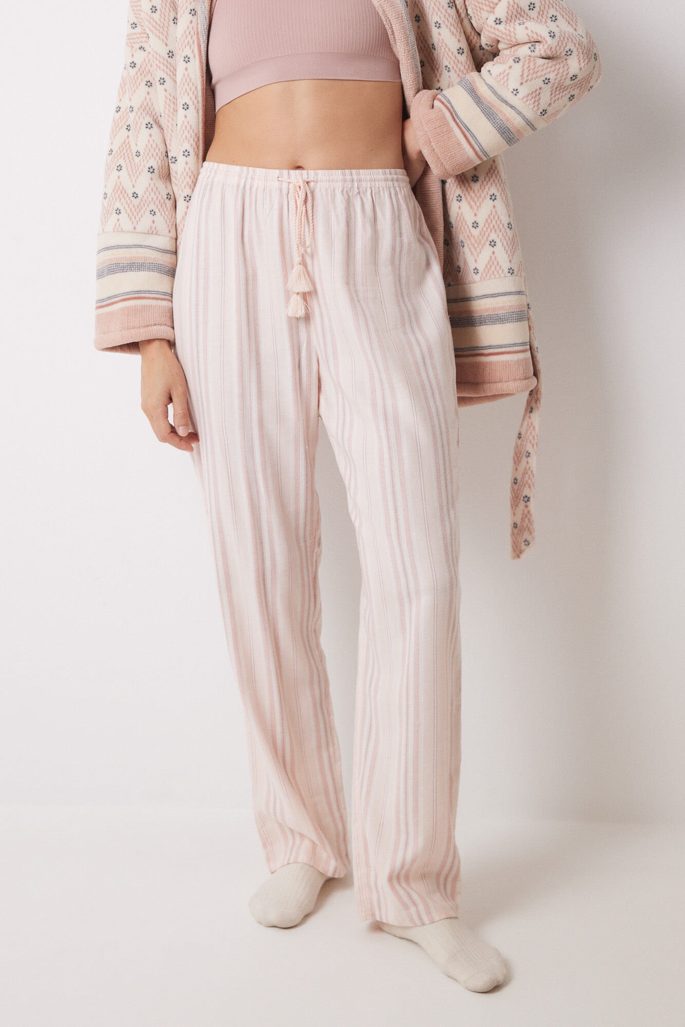 Women'secret Pantal&oacute;n largo franela rayas rosas rosa