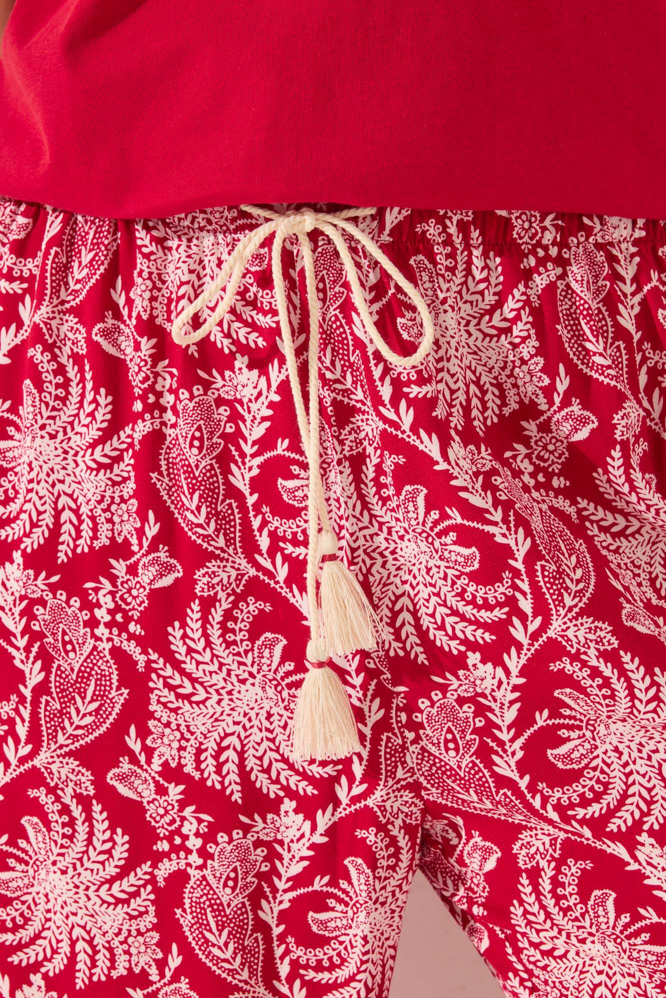 Women'secret Pantal&oacute;n largo de viscosa con estampado de hojas rojas p&uacute;rpura