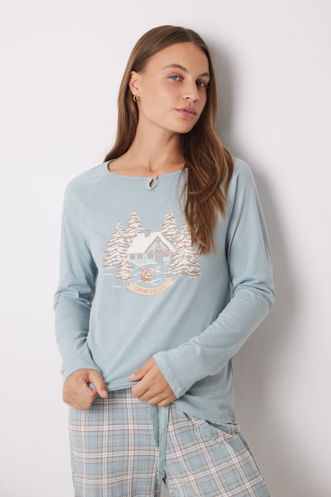Women'secret Pijama larga 100% algod&oacute;n motivos navide&ntilde;os gris