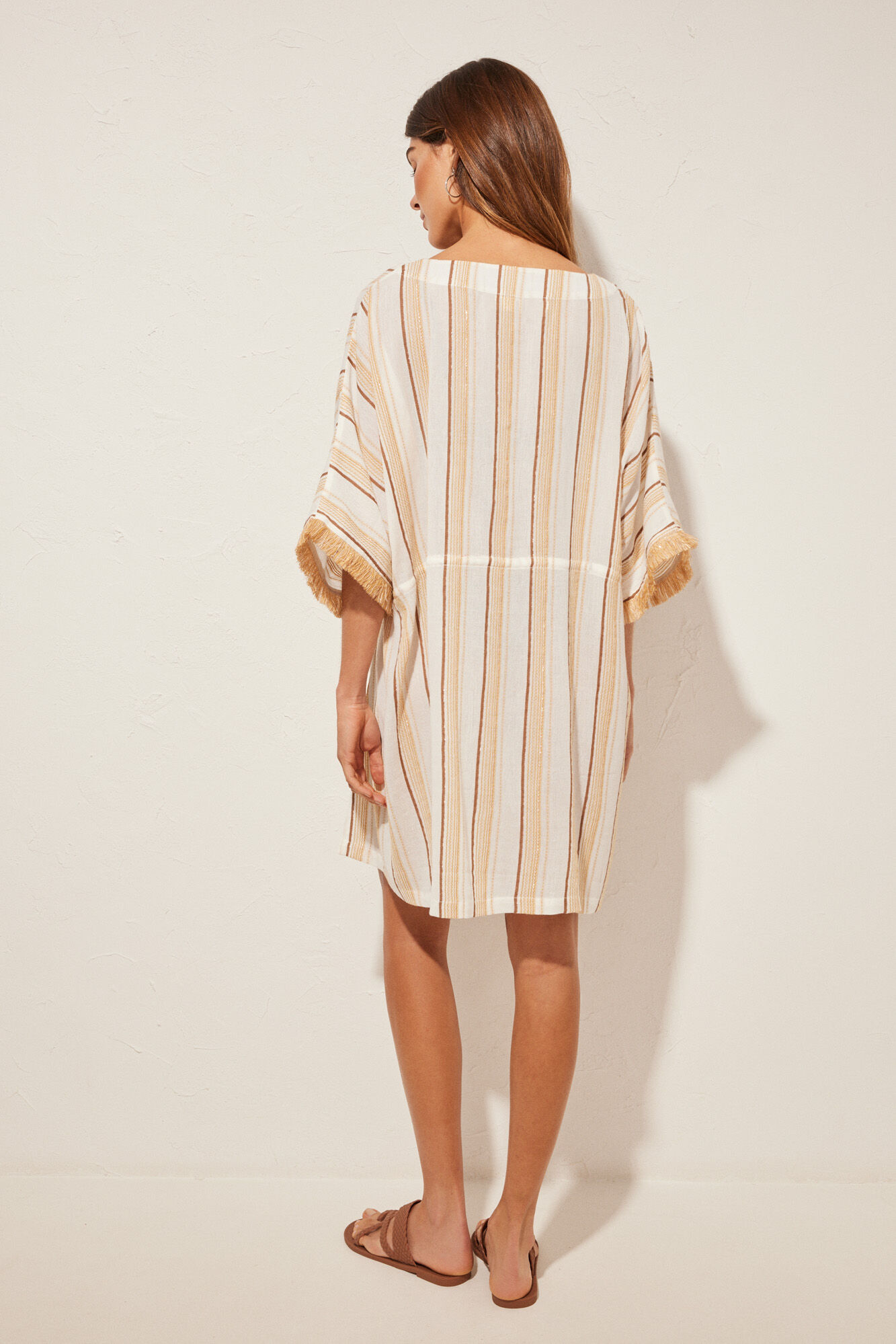 Women'secret Vestido caft&aacute;n algod&oacute;n estampado rayas marfil