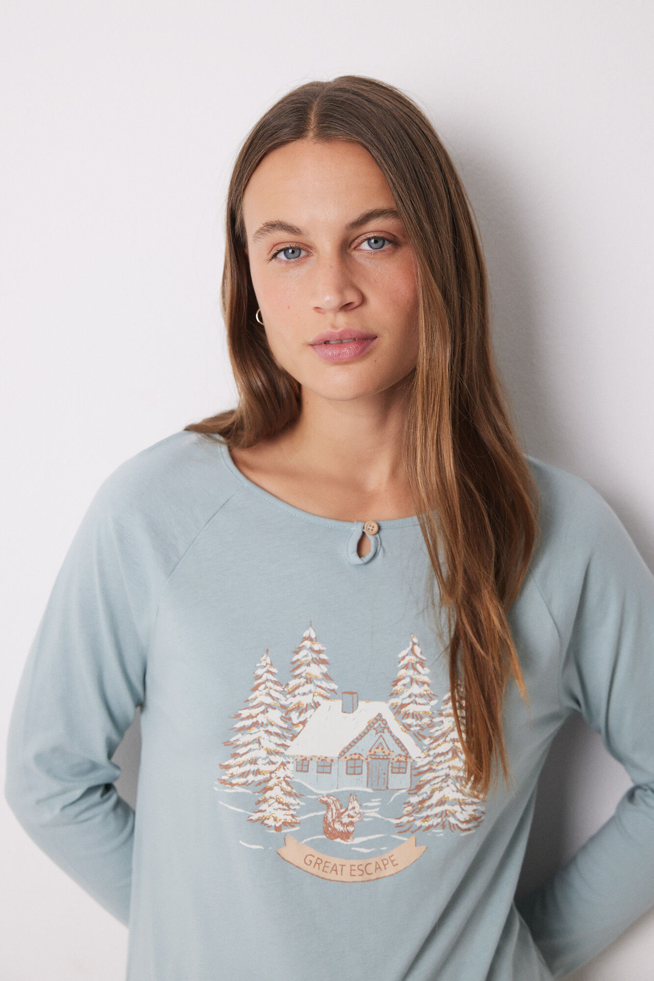 Women'secret Pijama larga 100% algod&oacute;n motivos navide&ntilde;os gris verde