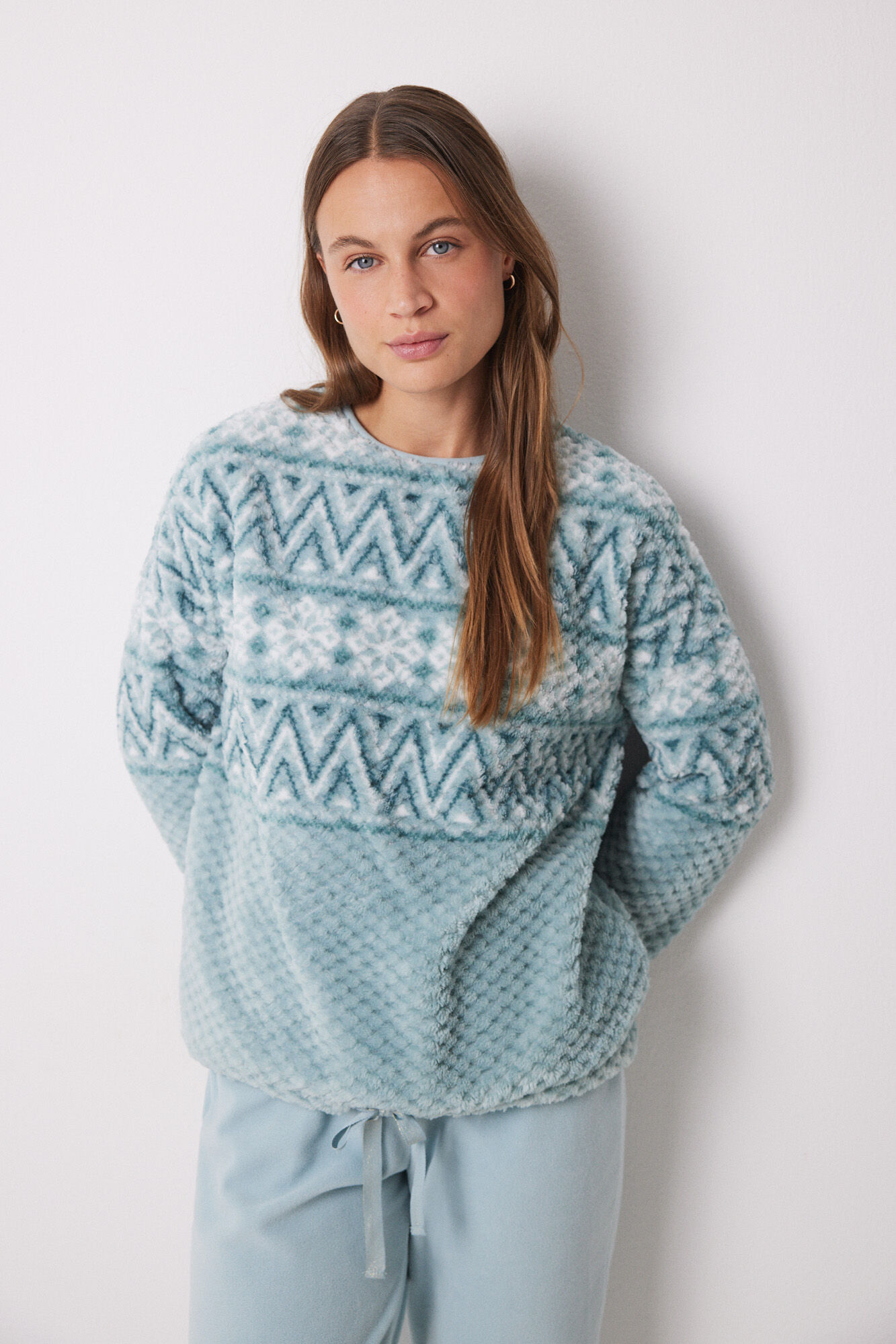 Women'secret Pijama larga polar efecto jacquard azul verde