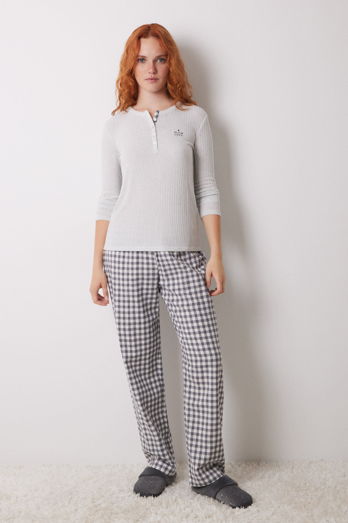 Women'secret Pijama larga cuadros gris