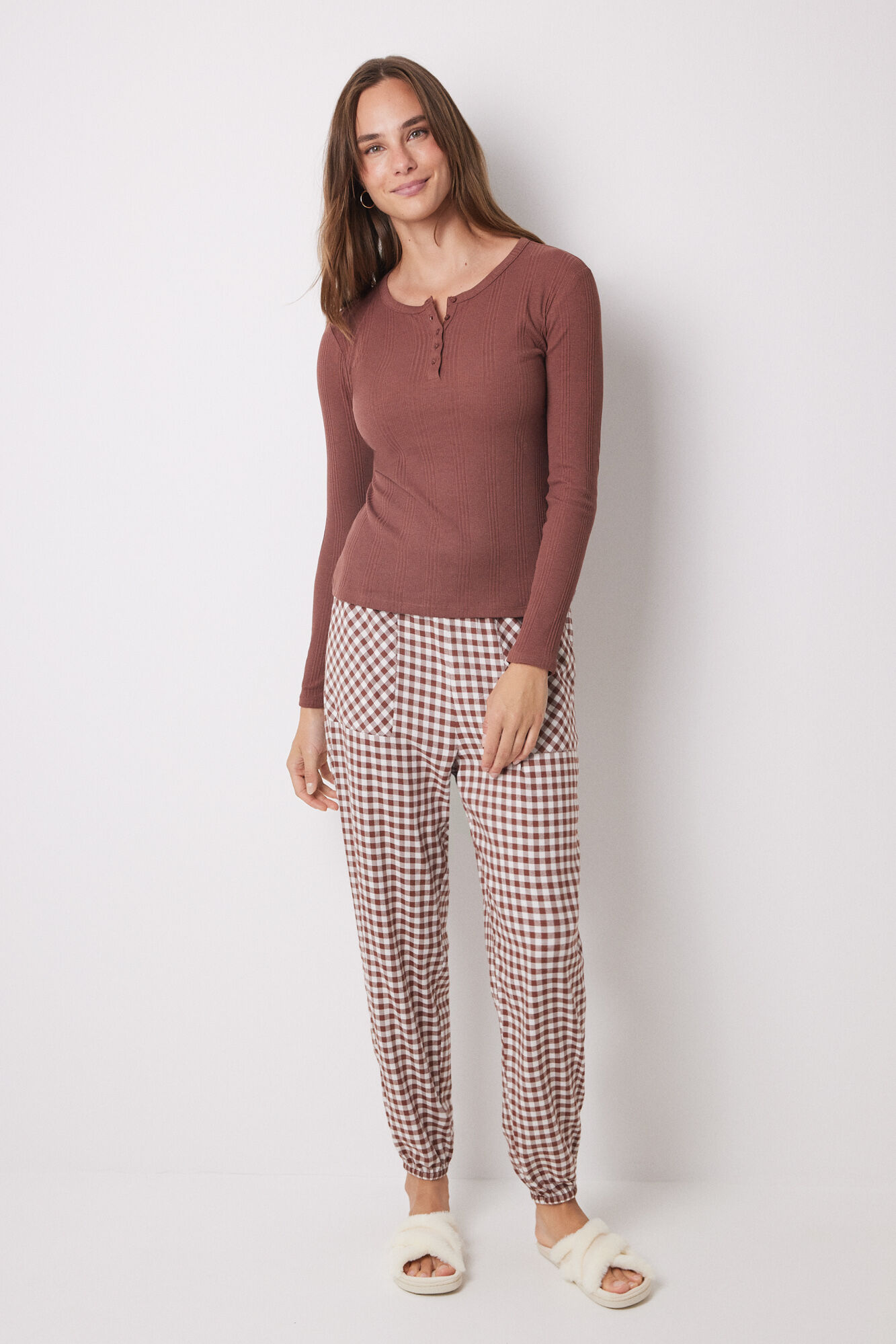 Women'secret Playera manga larga canal&eacute; caf&eacute;