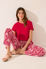 Women'secret Pantal&oacute;n largo de viscosa con estampado de hojas rojas p&uacute;rpura