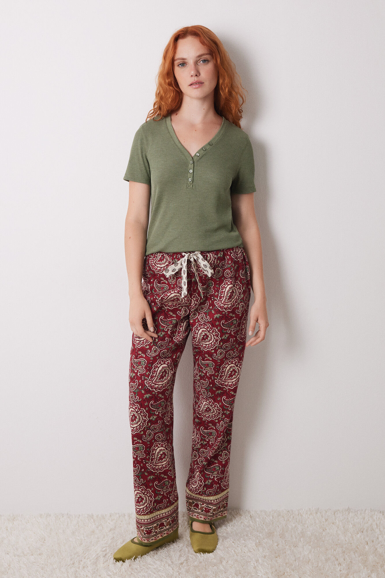 Women'secret Pantal&oacute;n pijama paisley algod&oacute;n rojo estampado