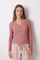 Women'secret Playera de cuello redondo con botones y manga larga carm&iacute;n p&uacute;rpura