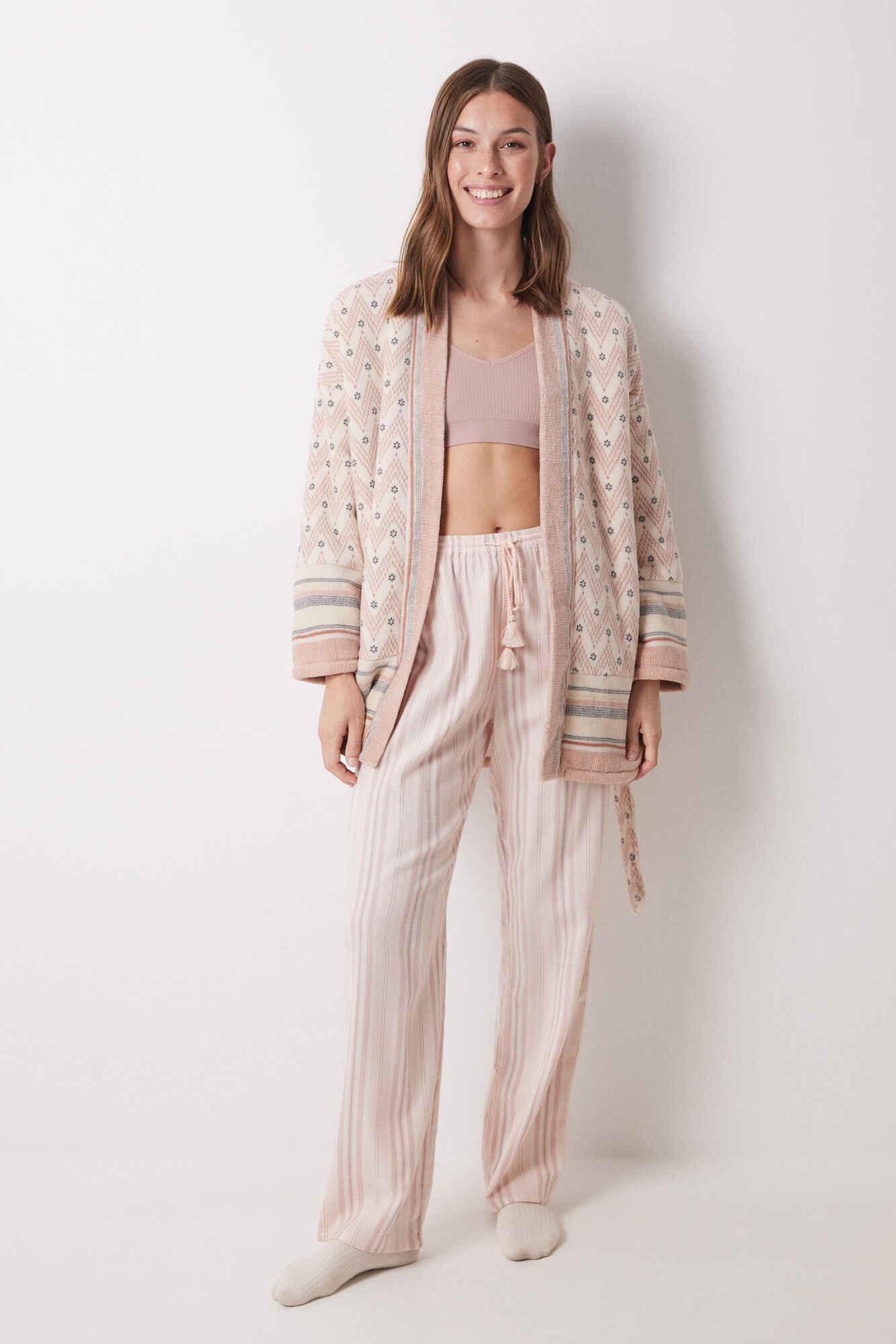 Women'secret Pantal&oacute;n largo franela rayas rosas rosa